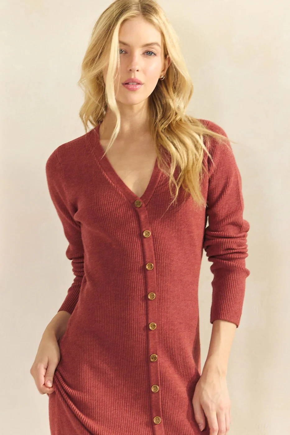 Rust Ribbed Knit Button Down Long Sleeve Midi Dress - Image 4