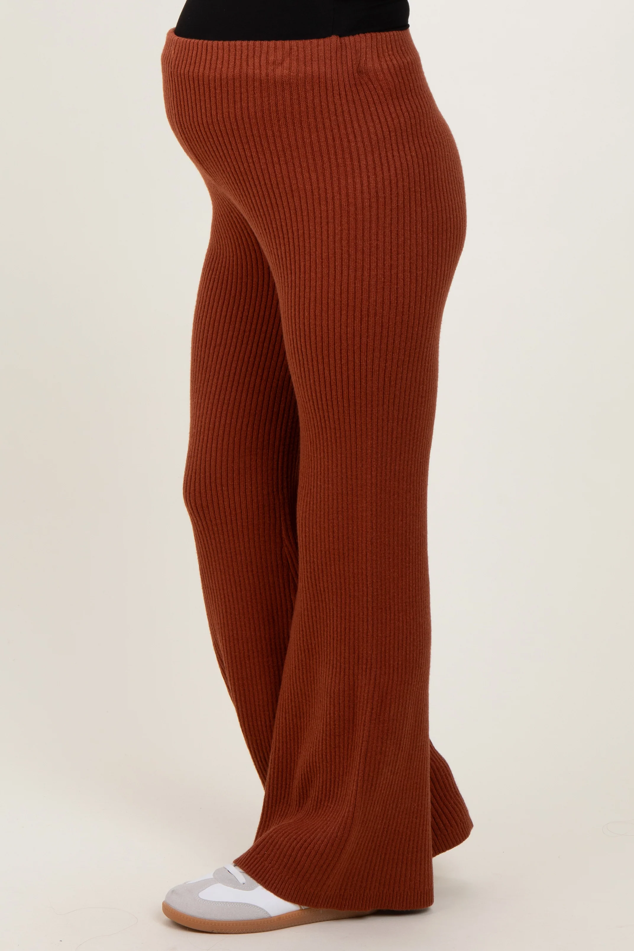 Rust Ribbed Knit Maternity Flare Pants - Image 3