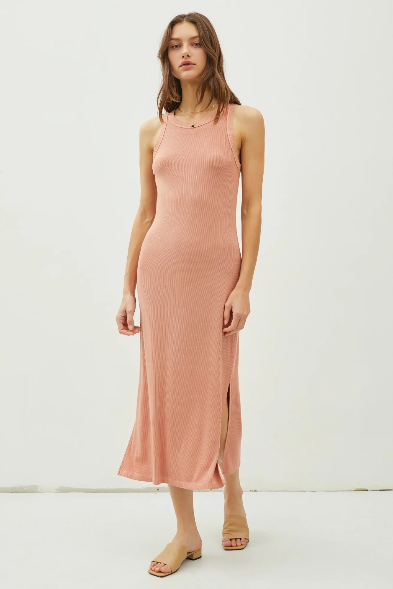 Rust Ribbed Knit Side Slit Sleeveless Maternity Dress - Image 5