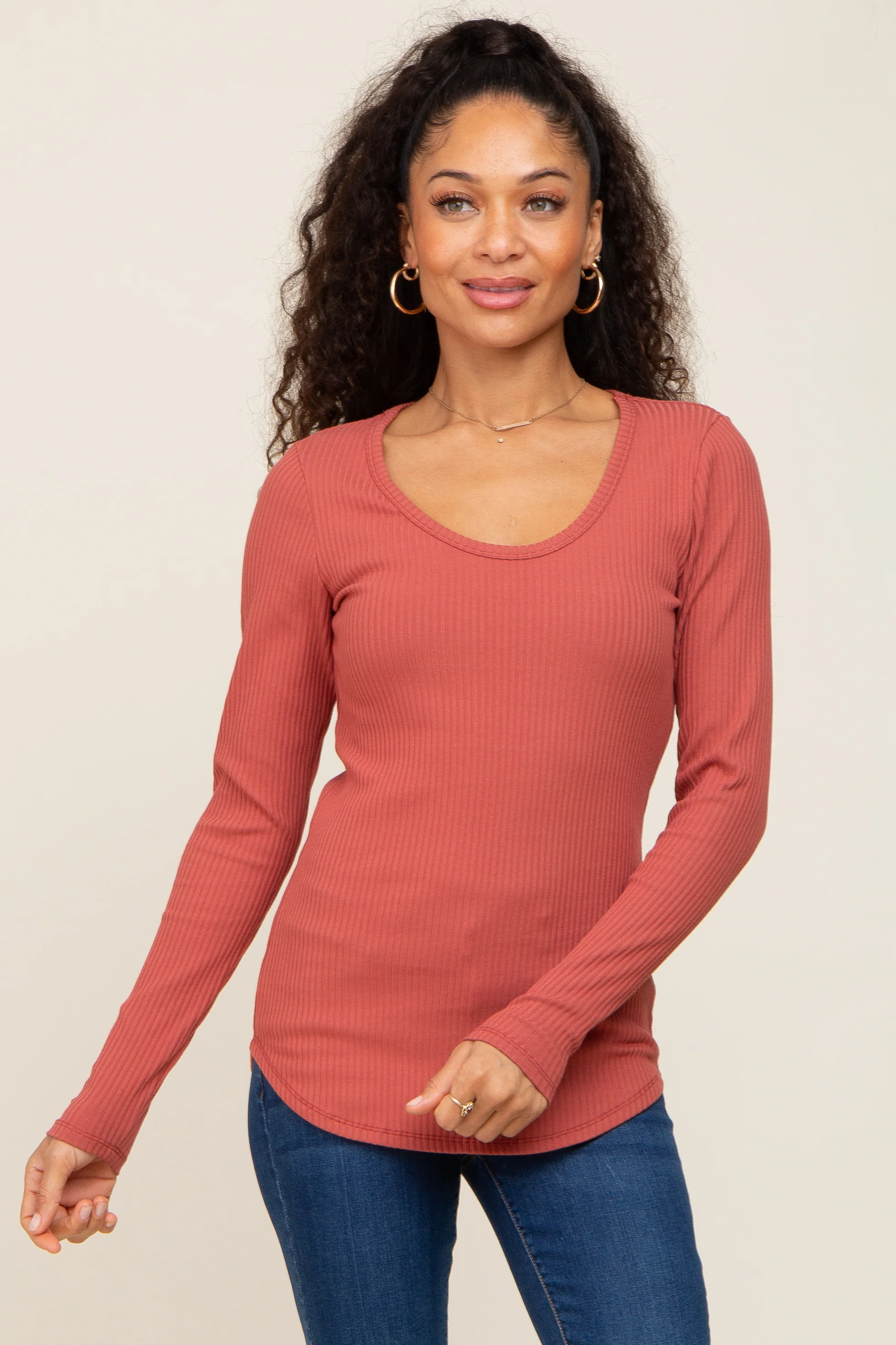 Rust Ribbed Scoop Neck Long Sleeve Maternity Top - Image 5