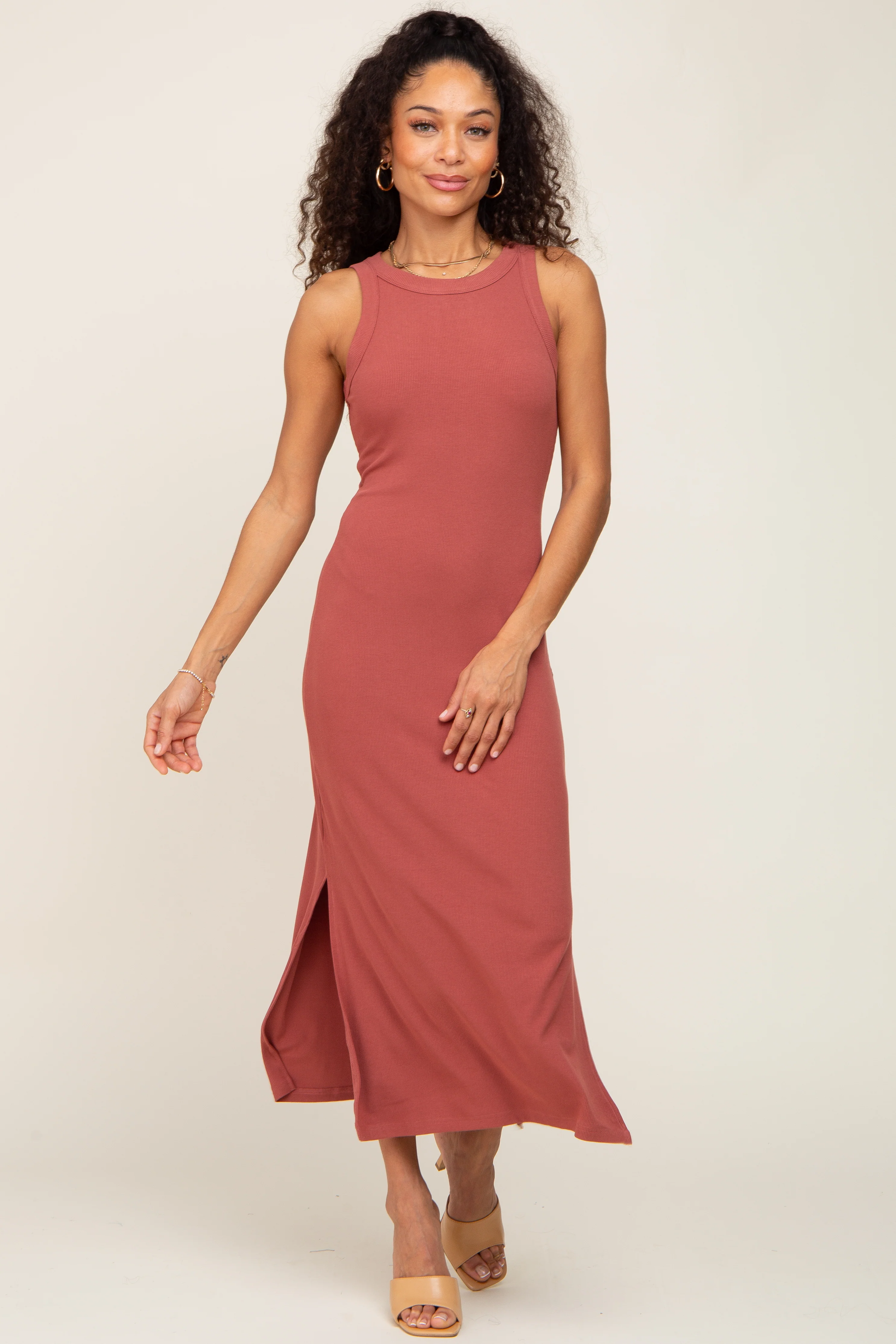 Rust Ribbed Side Slit Tank Dress - Image 4