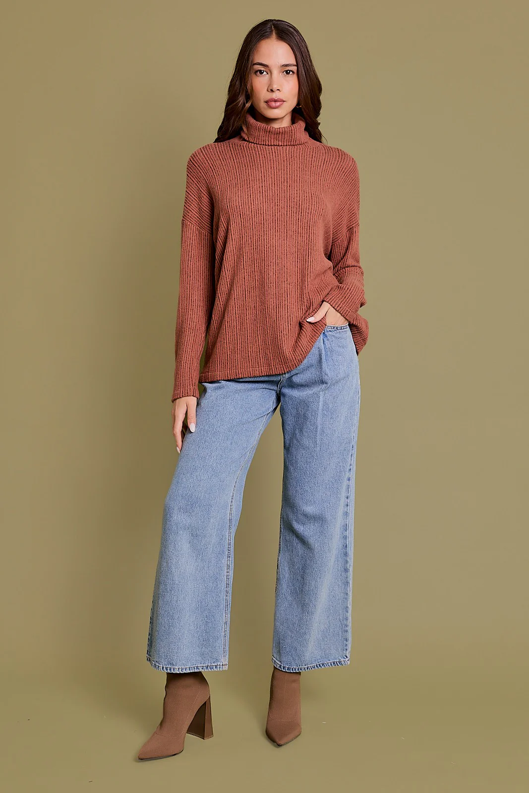 Rust Ribbed Turtle Neck Long Sleeve Top - Image 5