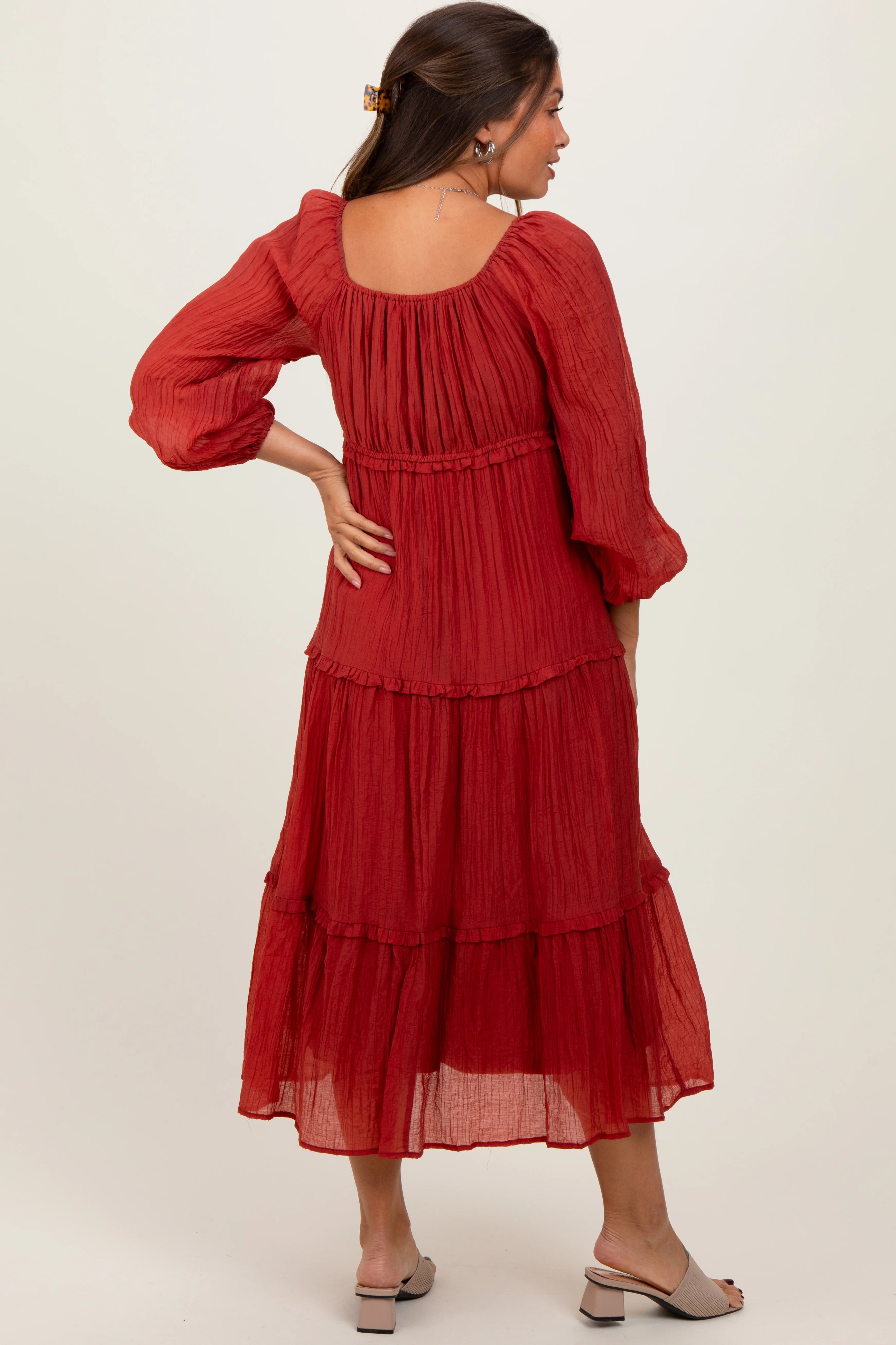 Rust Ruffle Accent Tiered Long Sleeve Maternity Maxi Dress - Image 4