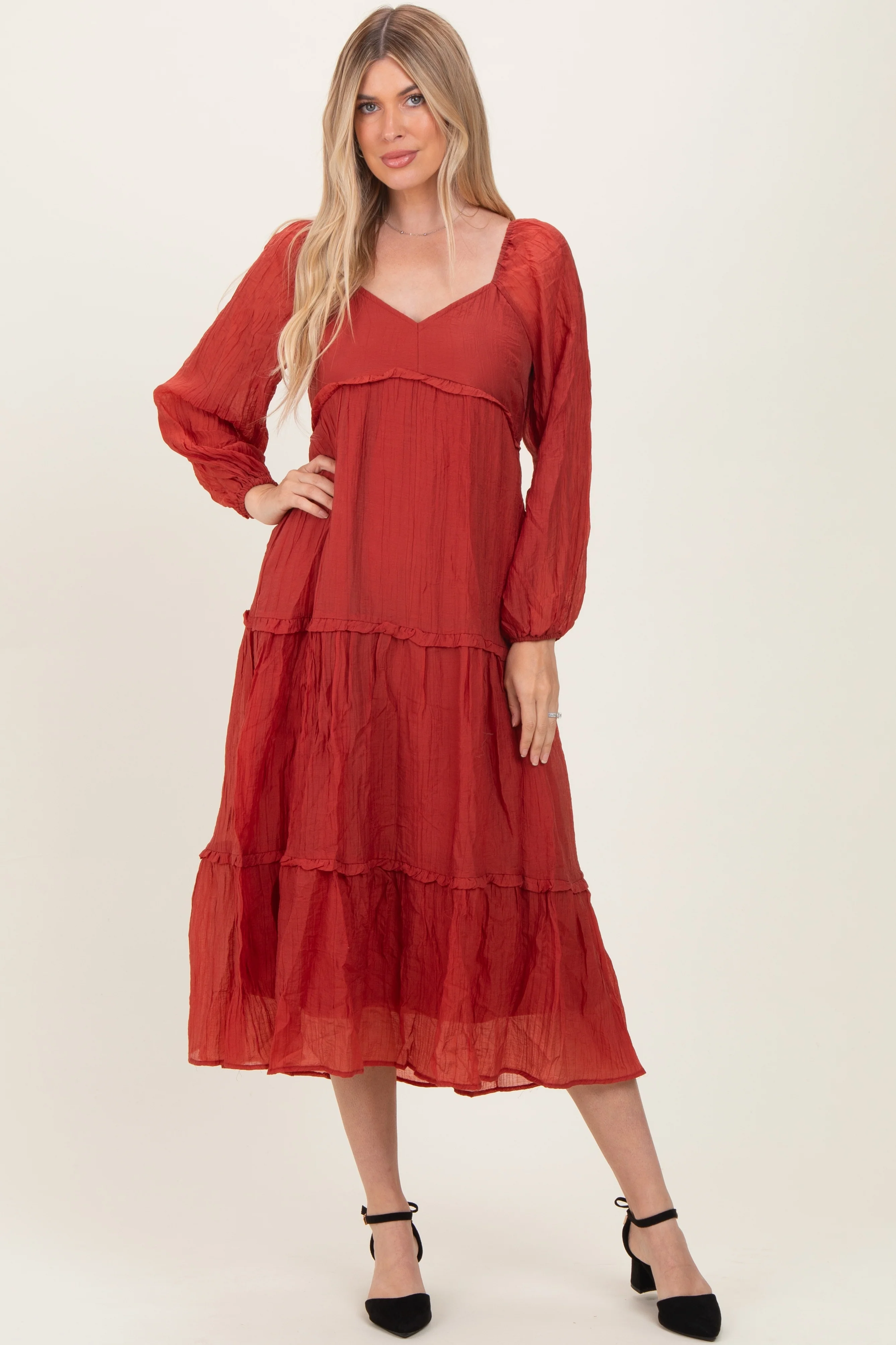 Rust Ruffle Accent Tiered Long Sleeve Maternity Maxi Dress - Image 5
