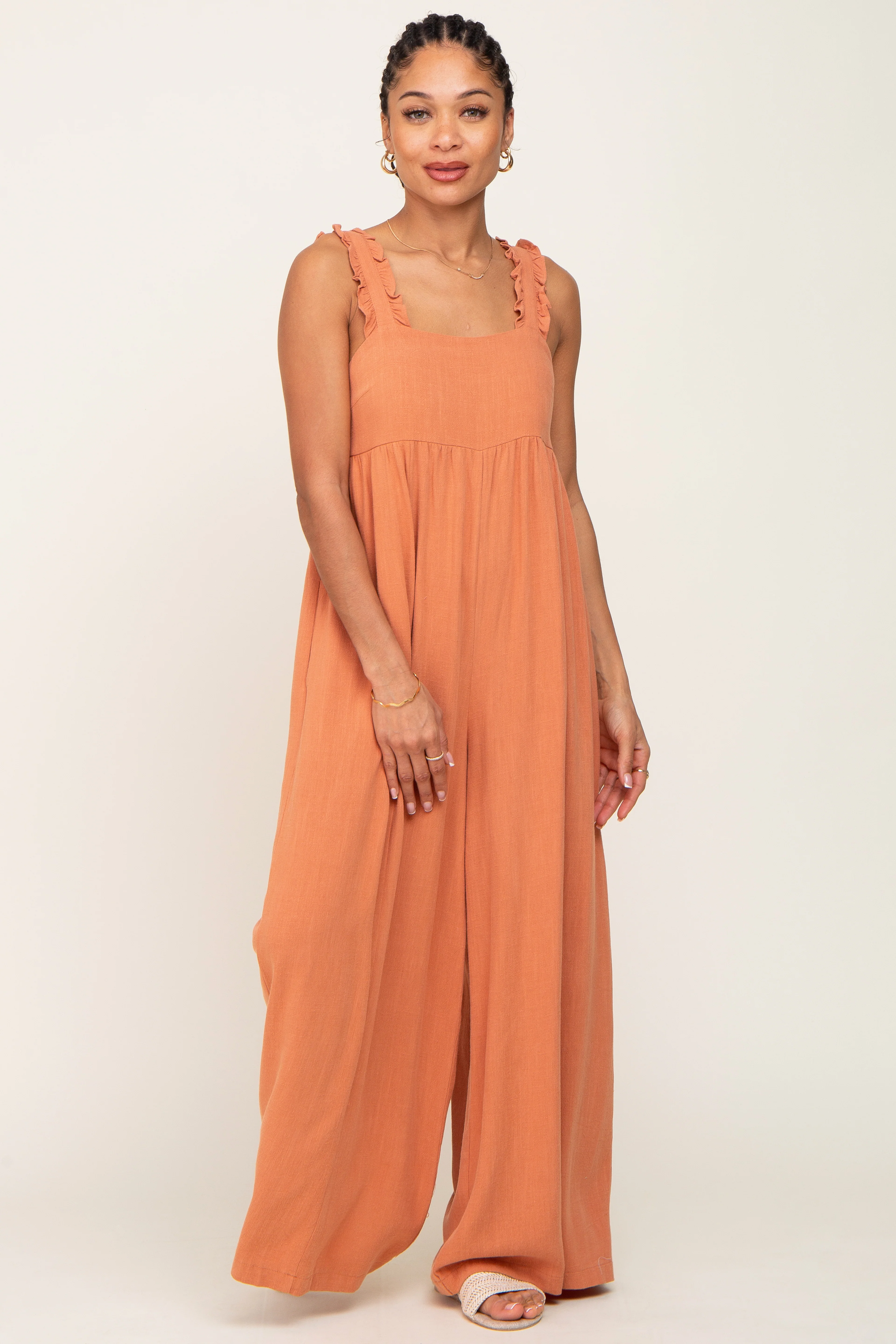 Rust Ruffle Trim Back Tie Jumpsuit