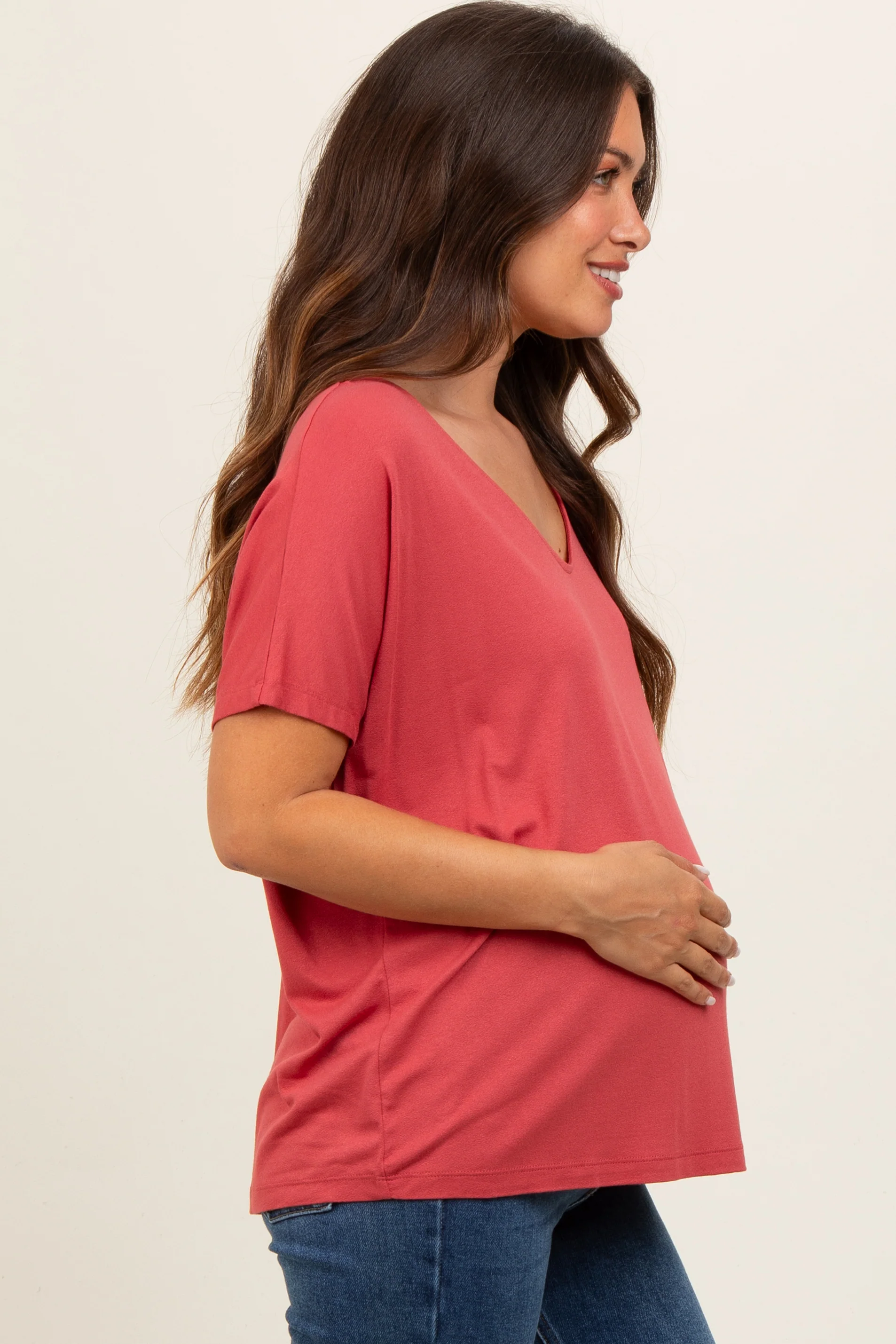 Rust Short Dolman Sleeve V-Neck Maternity Top - Image 2