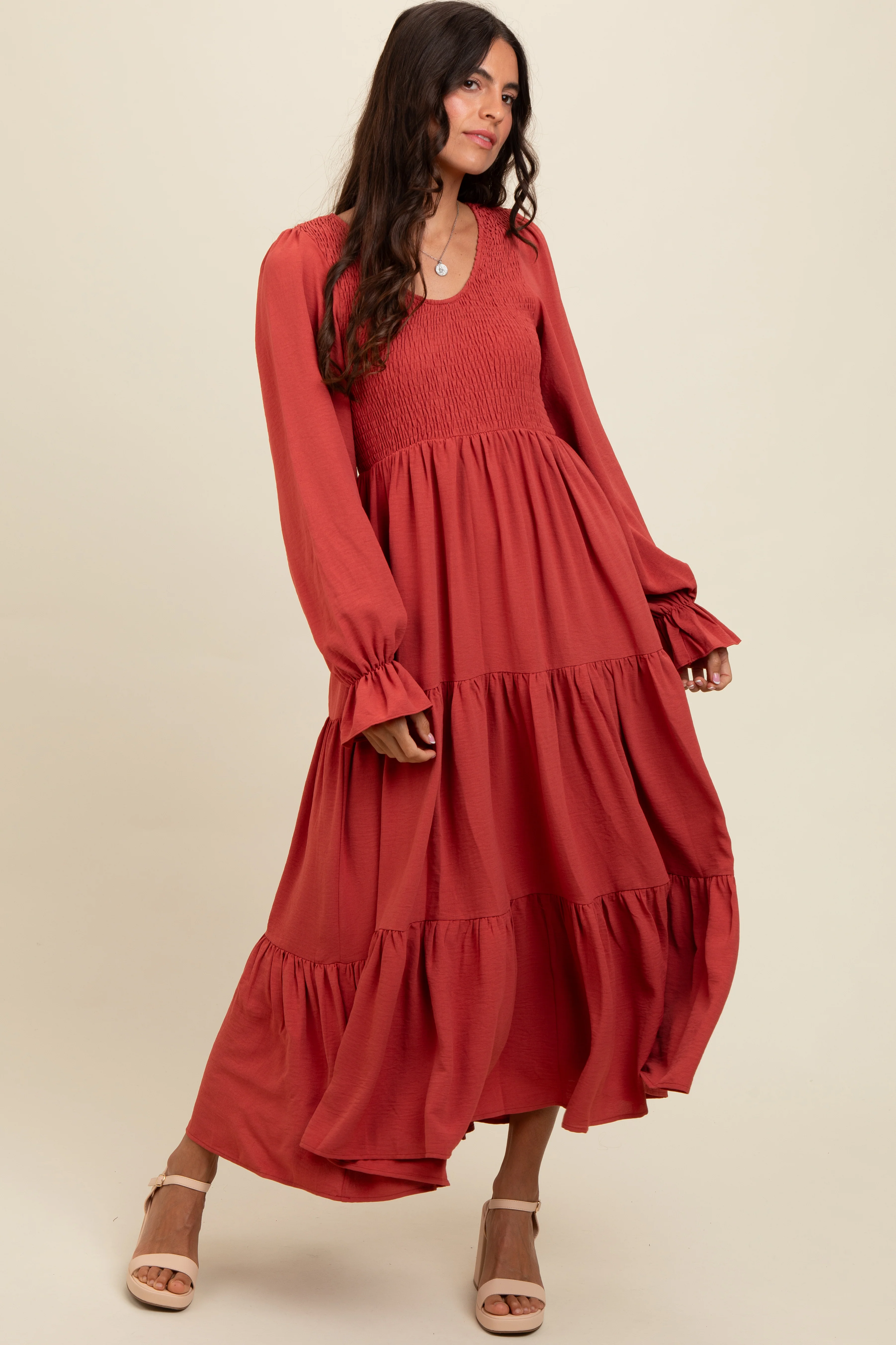 Rust Smocked Tiered Long Sleeve Maternity Maxi Dress - Image 5