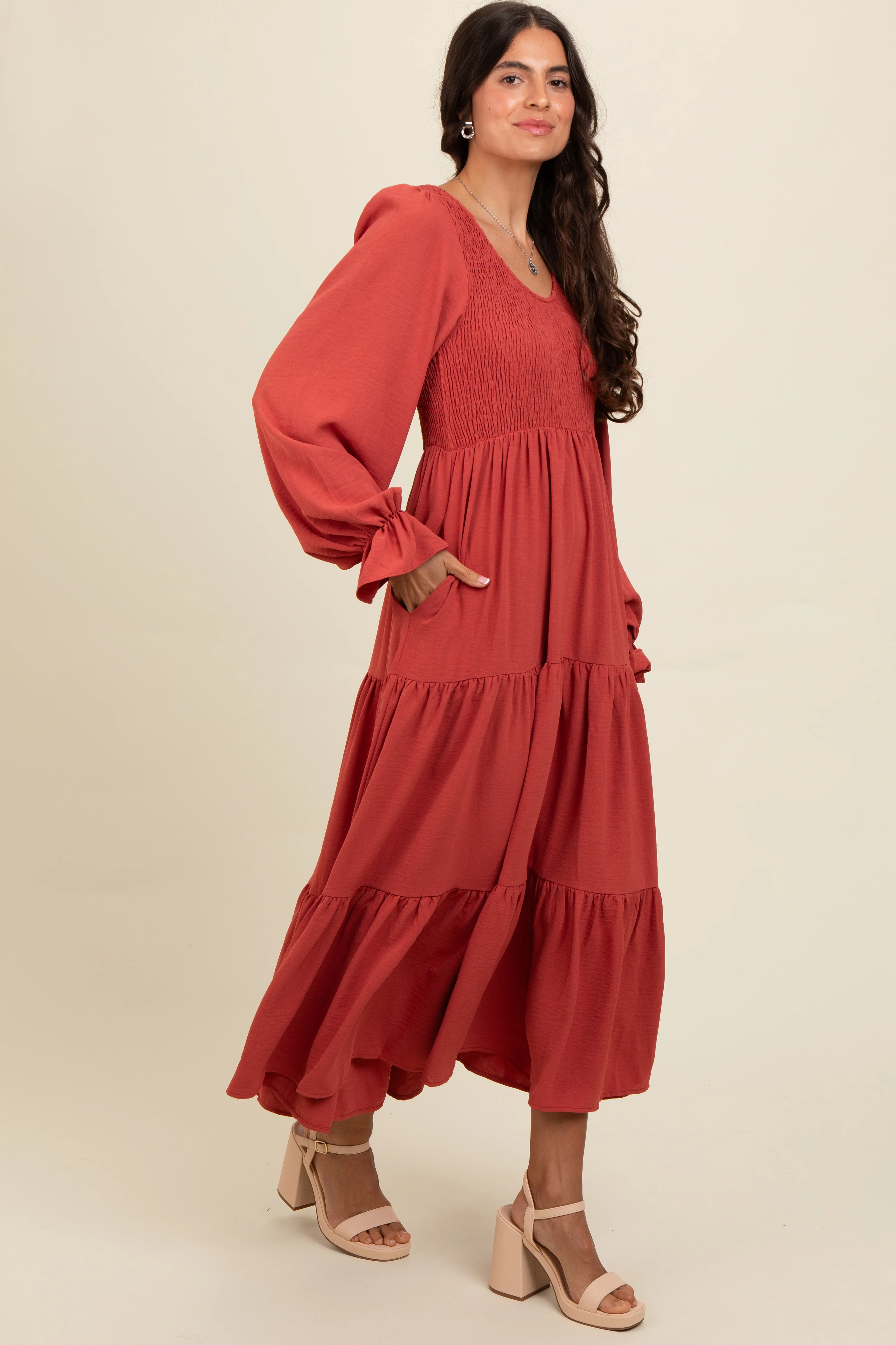 Rust Smocked Tiered Long Sleeve Maxi Dress - Image 3
