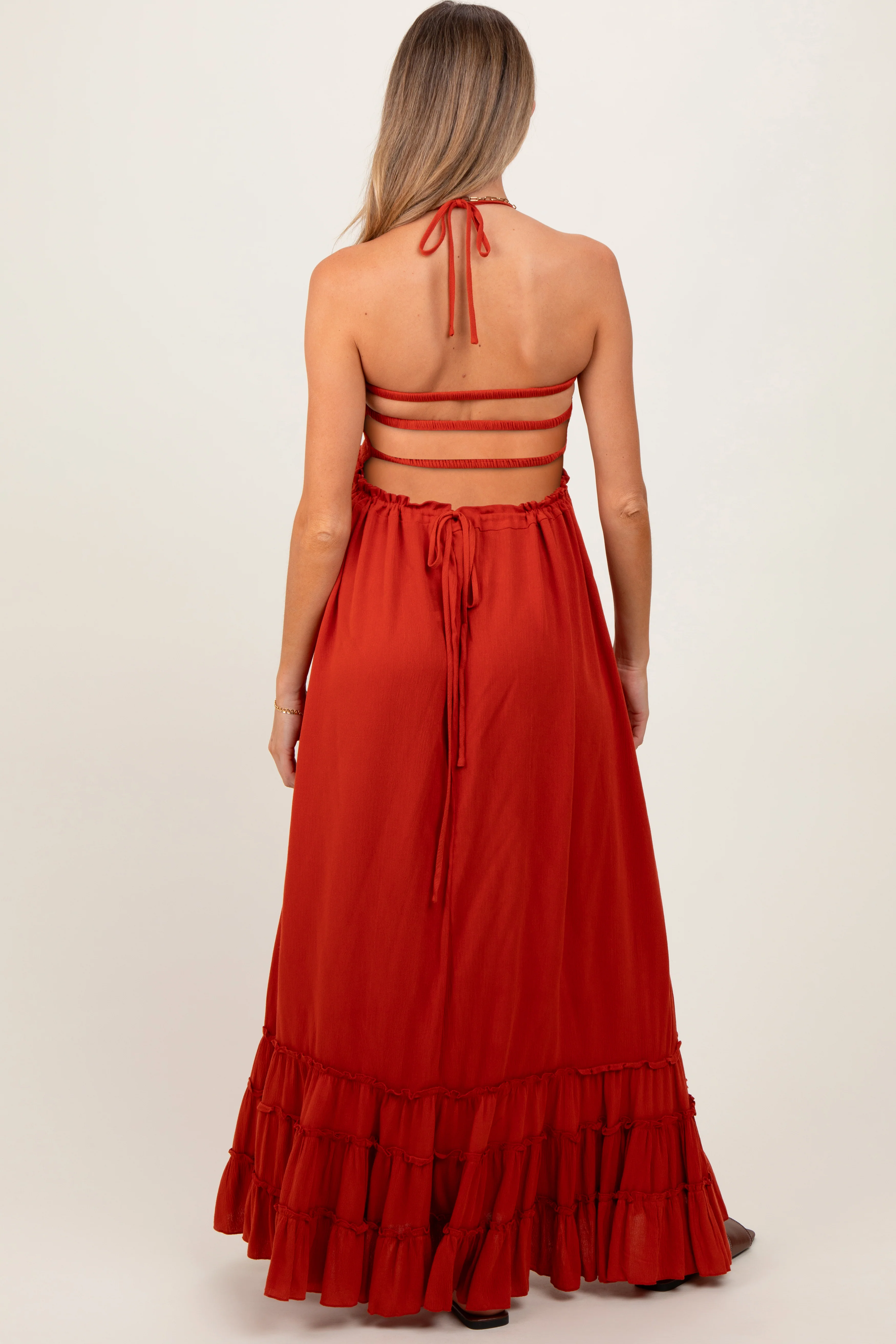 Rust Smocked Woven Maternity Maxi Dress - Image 4