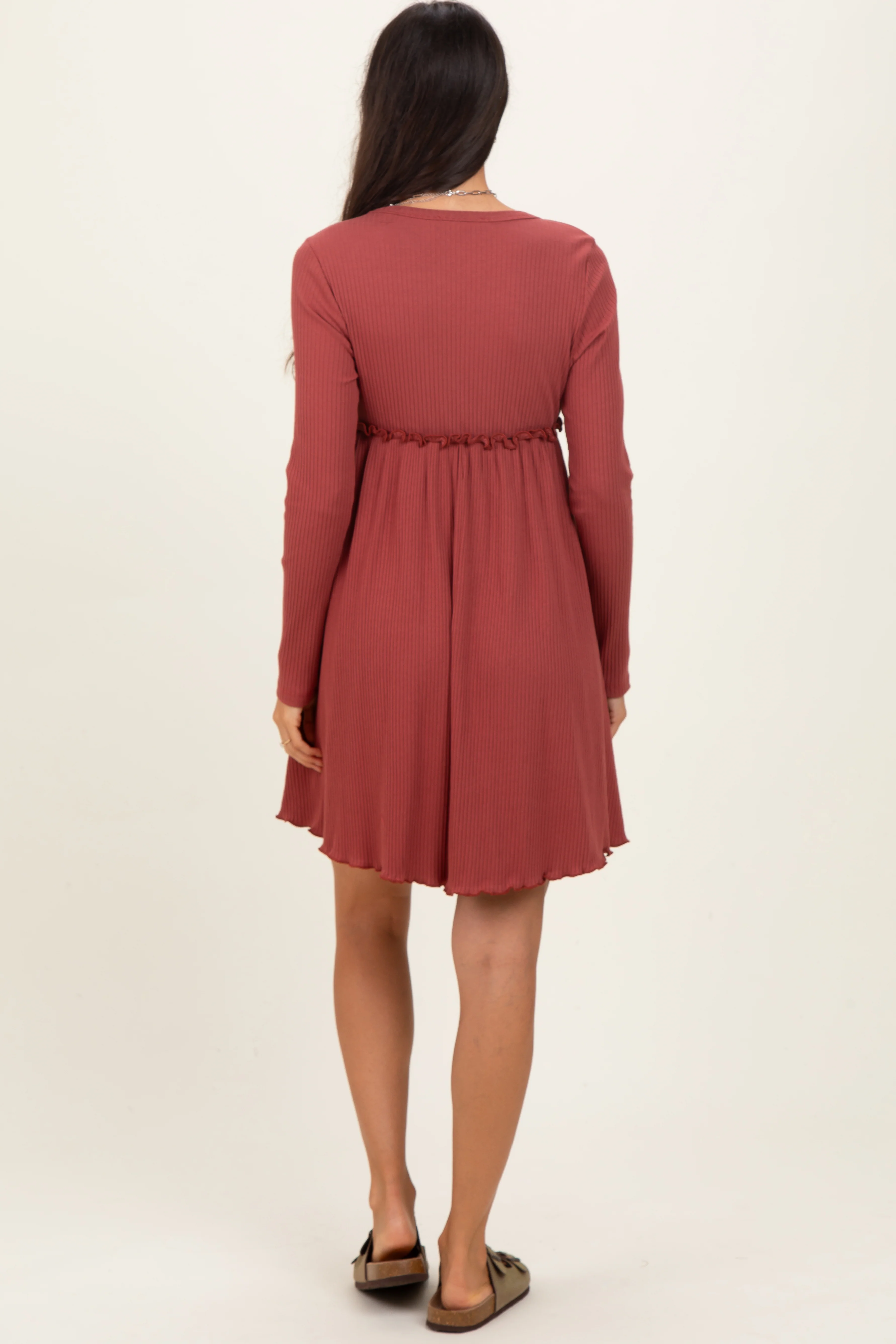 Rust Solid Ribbed Long Sleeve Crewneck Shirring Mini Dress - Image 4