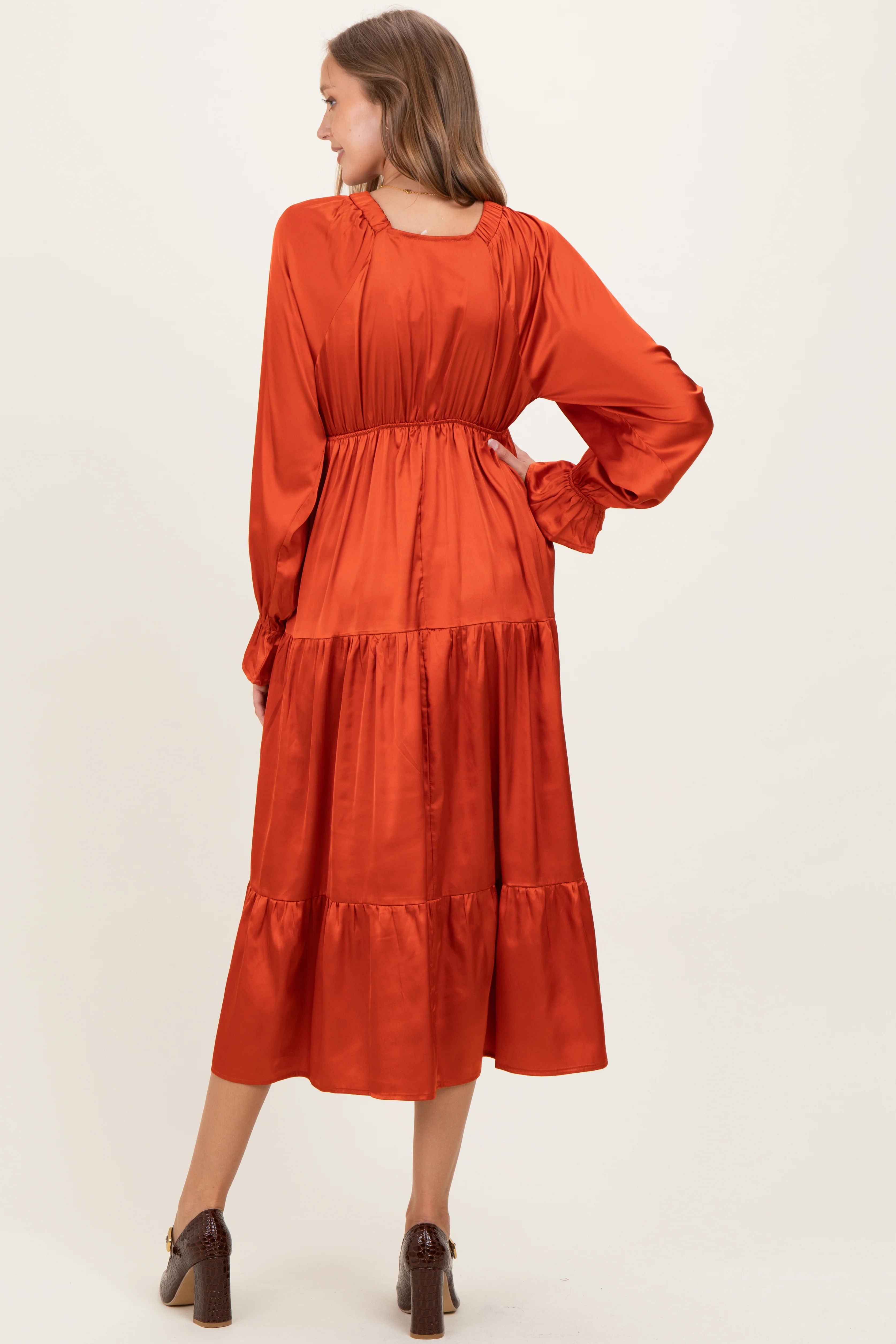 Rust Solid V-Neck Satin Long Sleeve Maternity Maxi Dress - Image 4