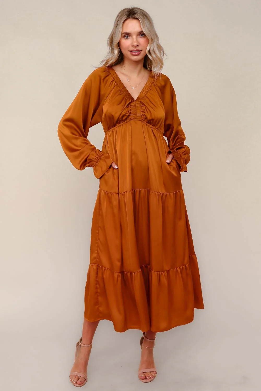 Rust Solid V-Neck Satin Long Sleeve Maternity Maxi Dress - Image 5