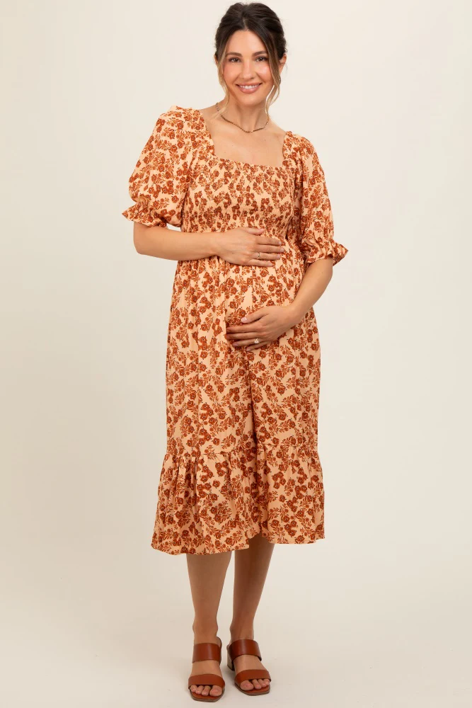 Rust Square Neck Smocked Maternity Dress - Image 2