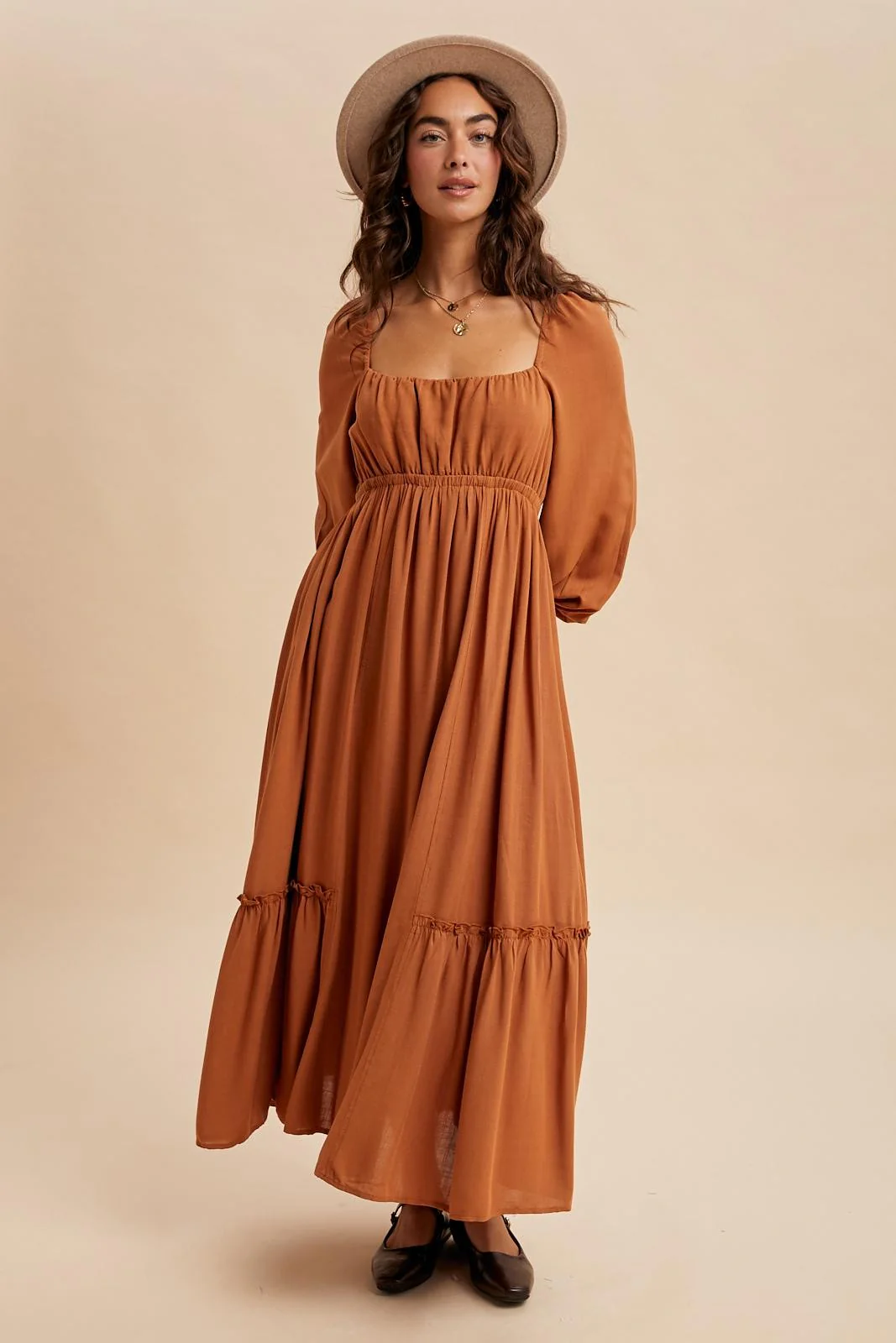 Rust Square Neckline Bubble Sleeve Maternity Maxi Dress - Image 5