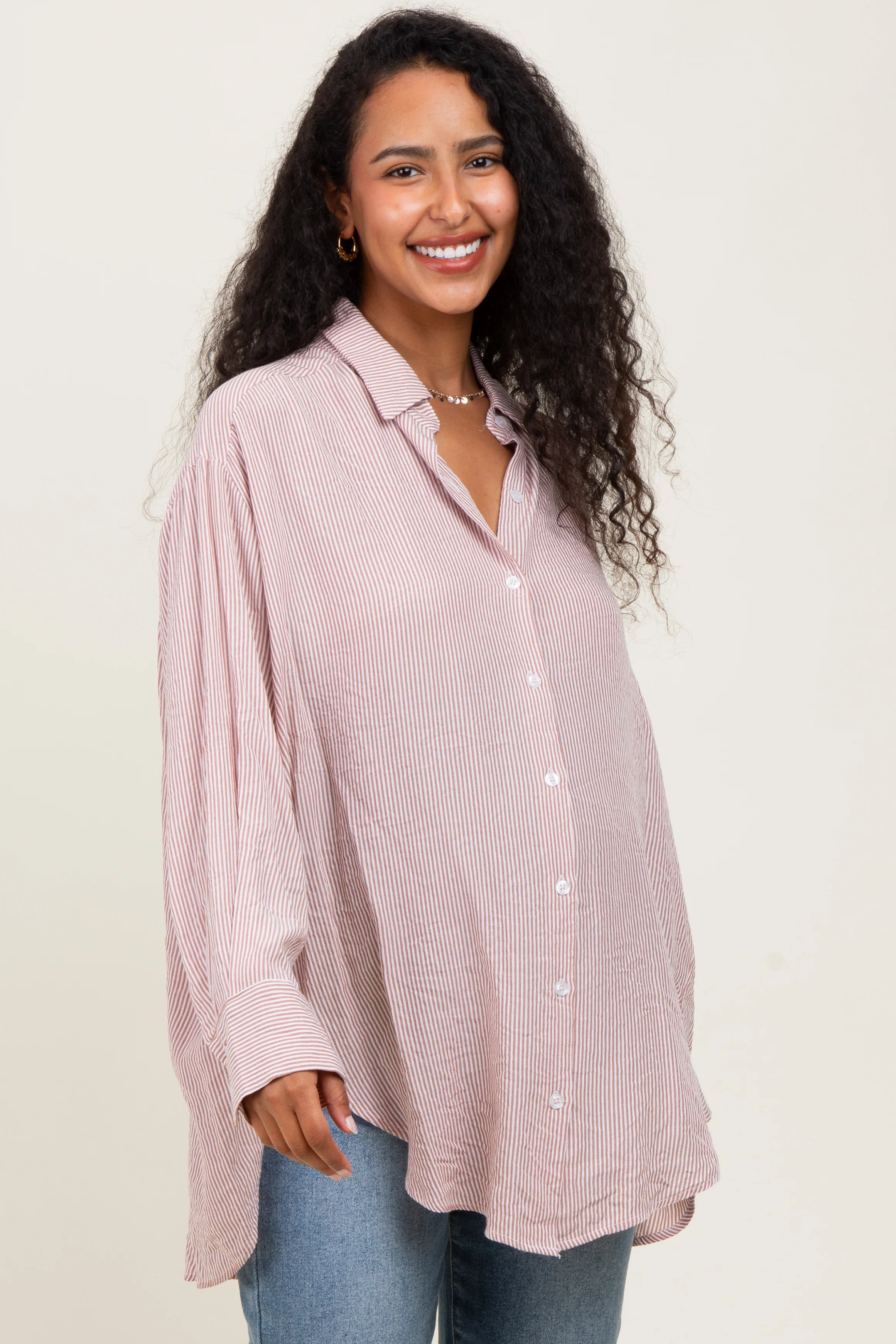 Rust Striped Oversized Maternity Button Down Shirt - Image 2