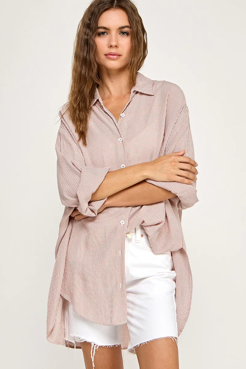 Rust Striped Oversized Maternity Button Down Shirt - Image 5