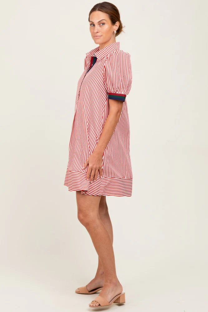 Rust Striped Puff Sleeve Mini Shirt Dress - Image 3