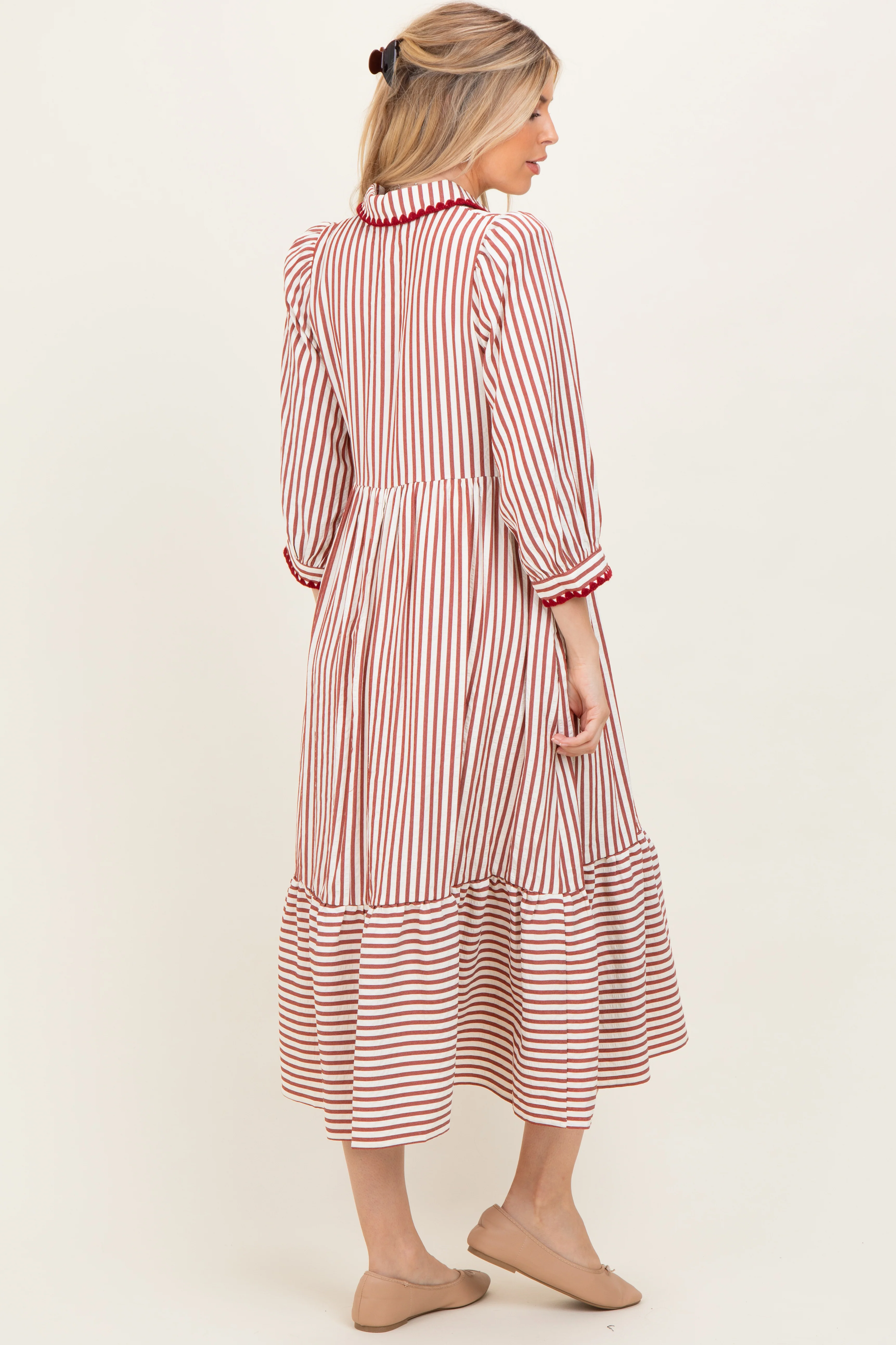 Rust Striped Scallop Trim 3/4 Sleeve Midi Dress - Image 4