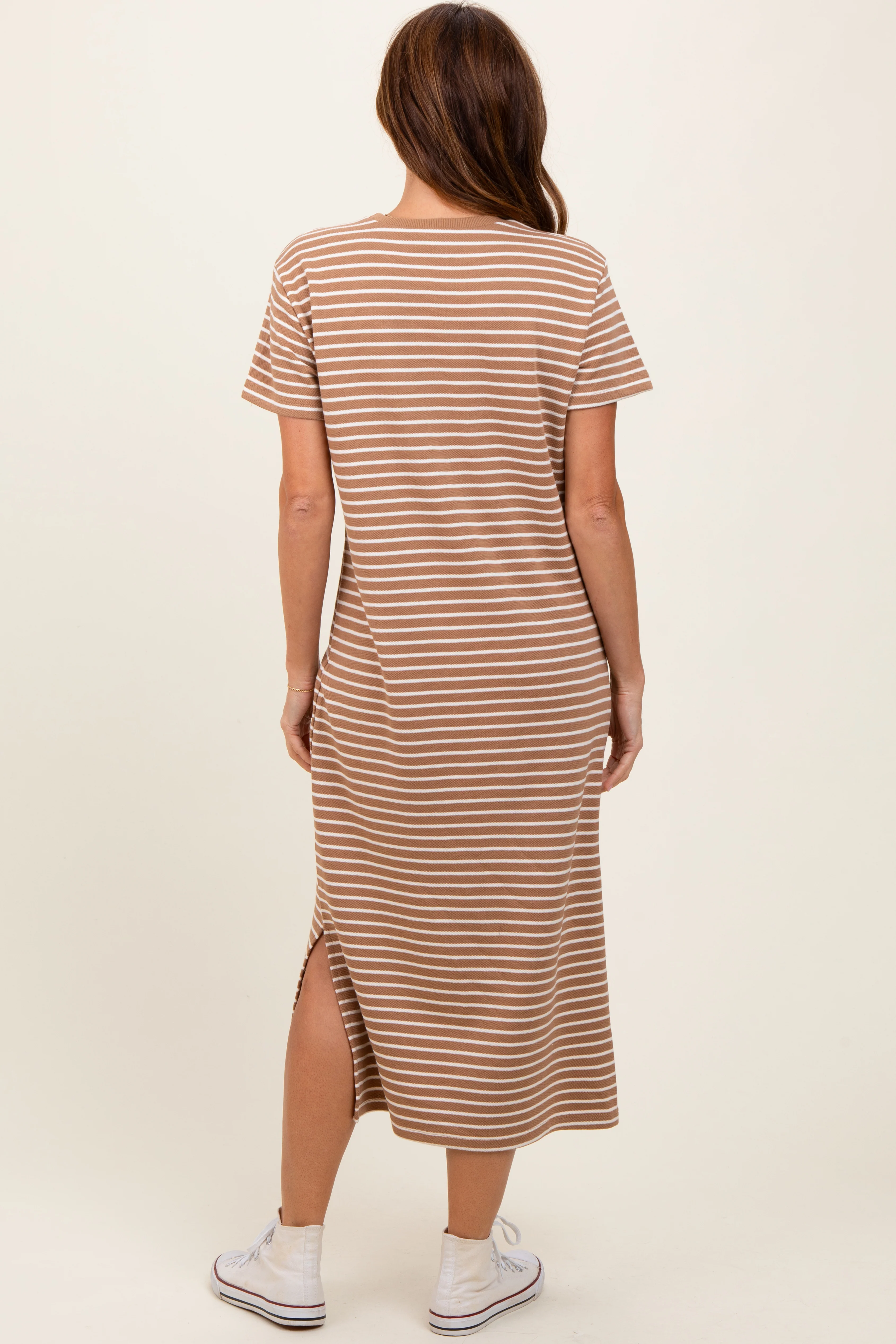 Rust Striped Short Sleeve Side Slit T-Shirt Midi Dress - Image 4