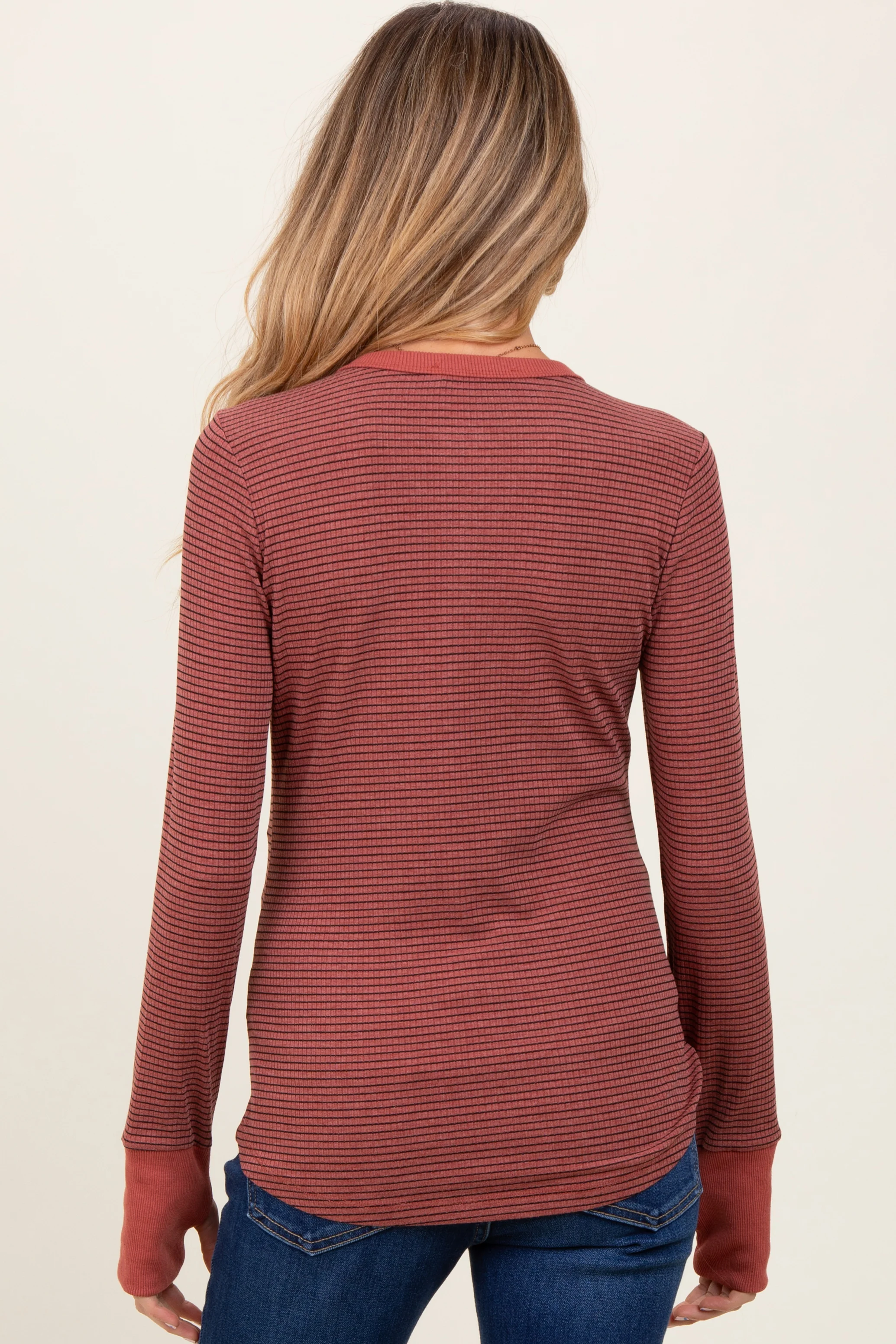 Rust Striped Snap Button Henley Maternity Top - Image 3
