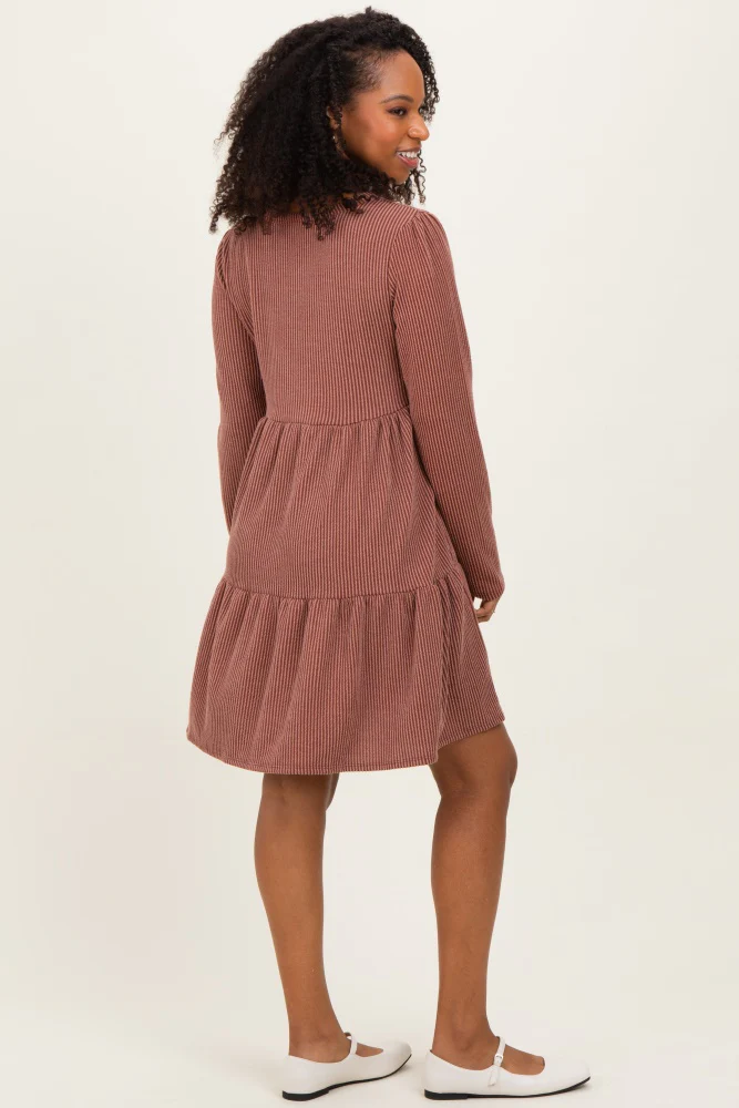 Rust Textured Rib Tiered Long Sleeve Dress - Image 3