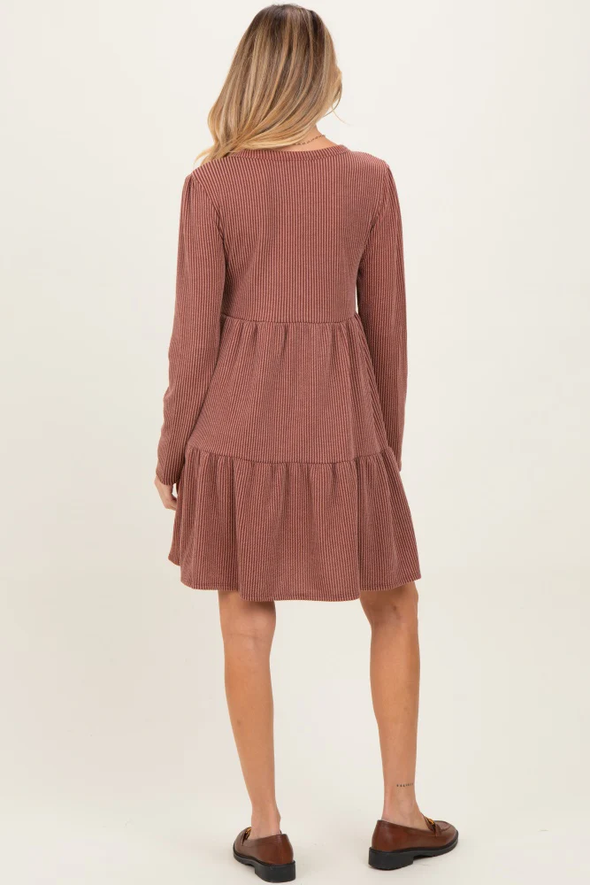 Rust Textured Rib Tiered Long Sleeve Maternity Dress - Image 3