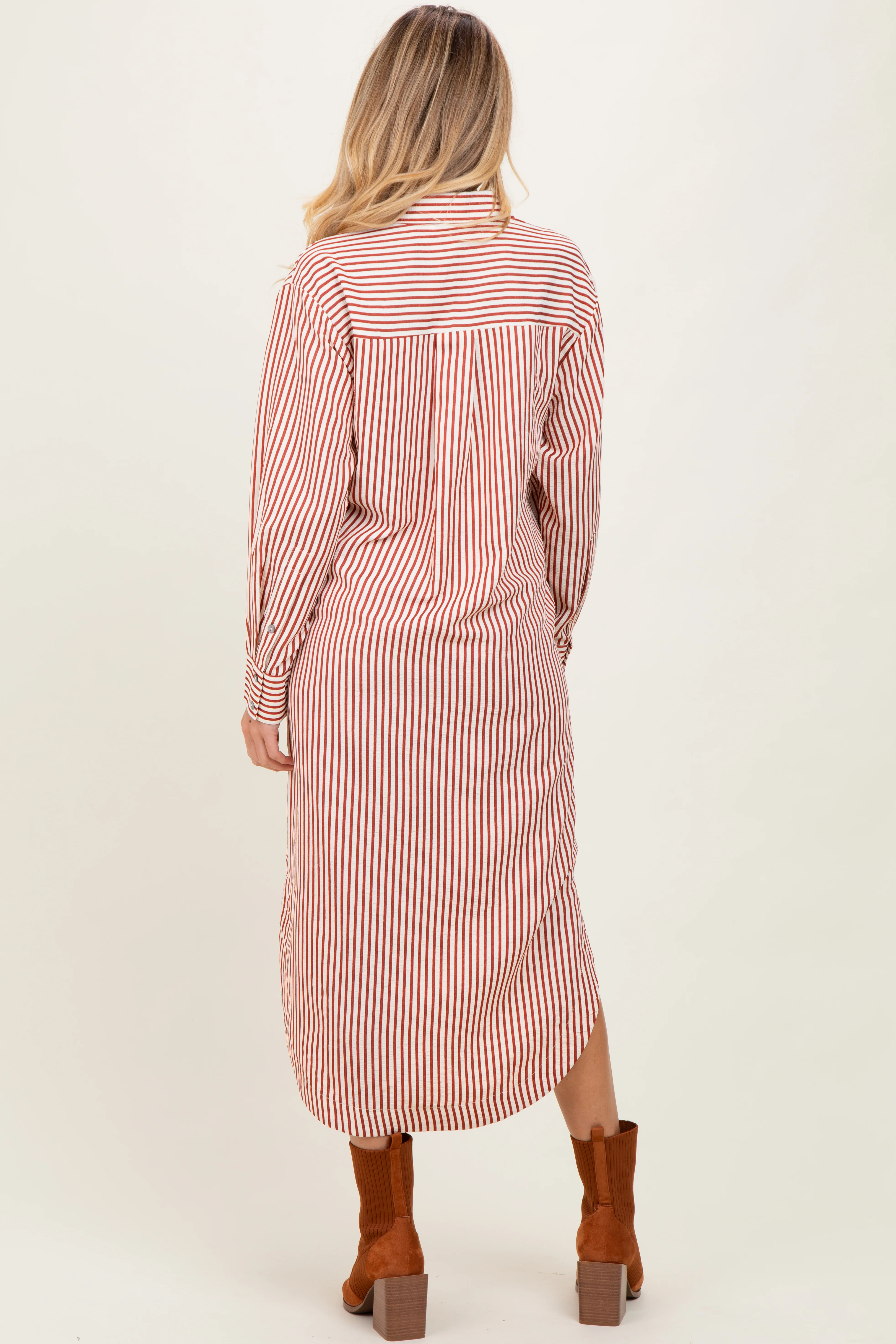 Rust Textured Stripe Button Down Maternity Shirt Dress - Image 3