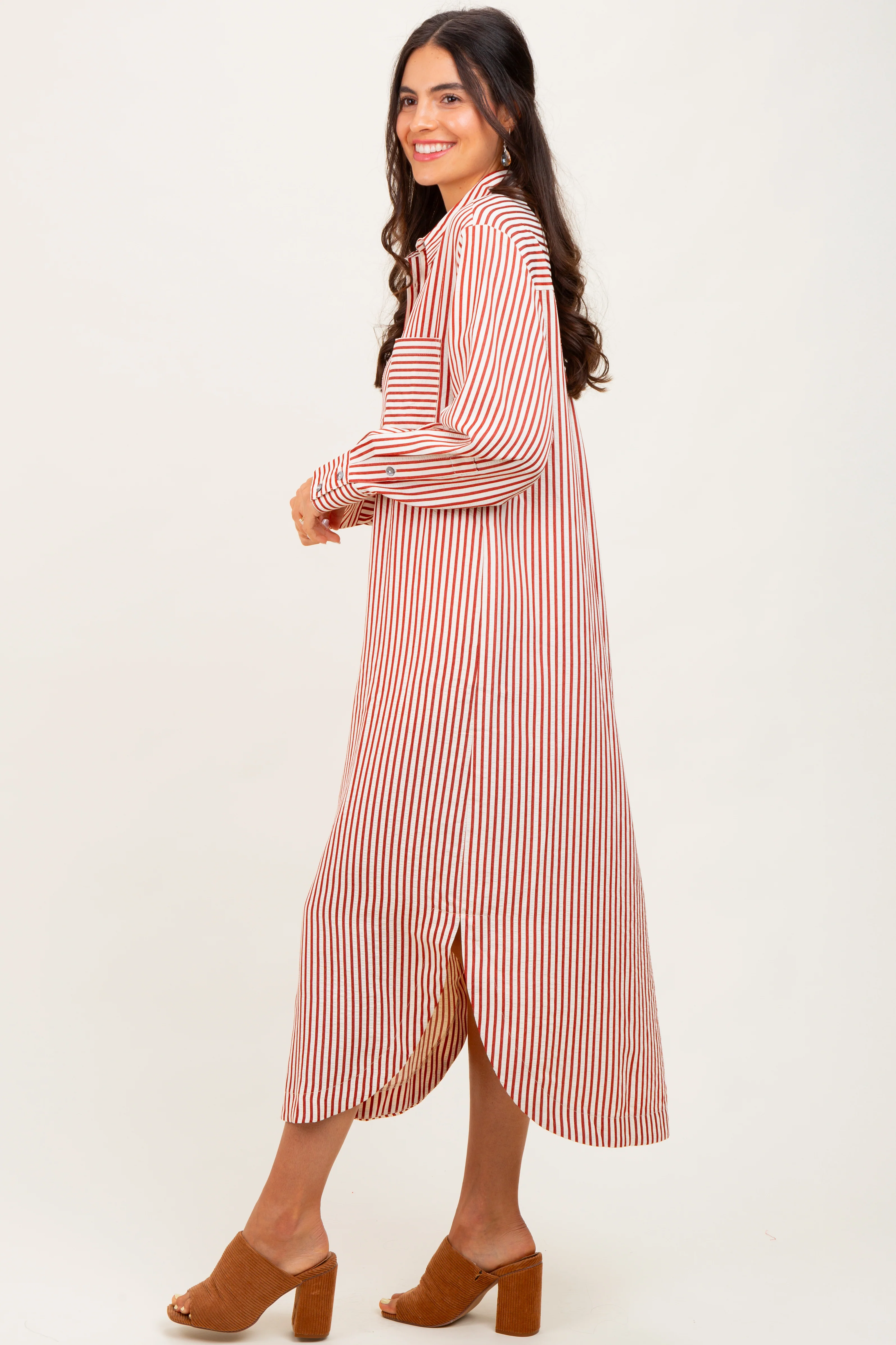 Rust Textured Stripe Button Down Shirt Dress - Image 3