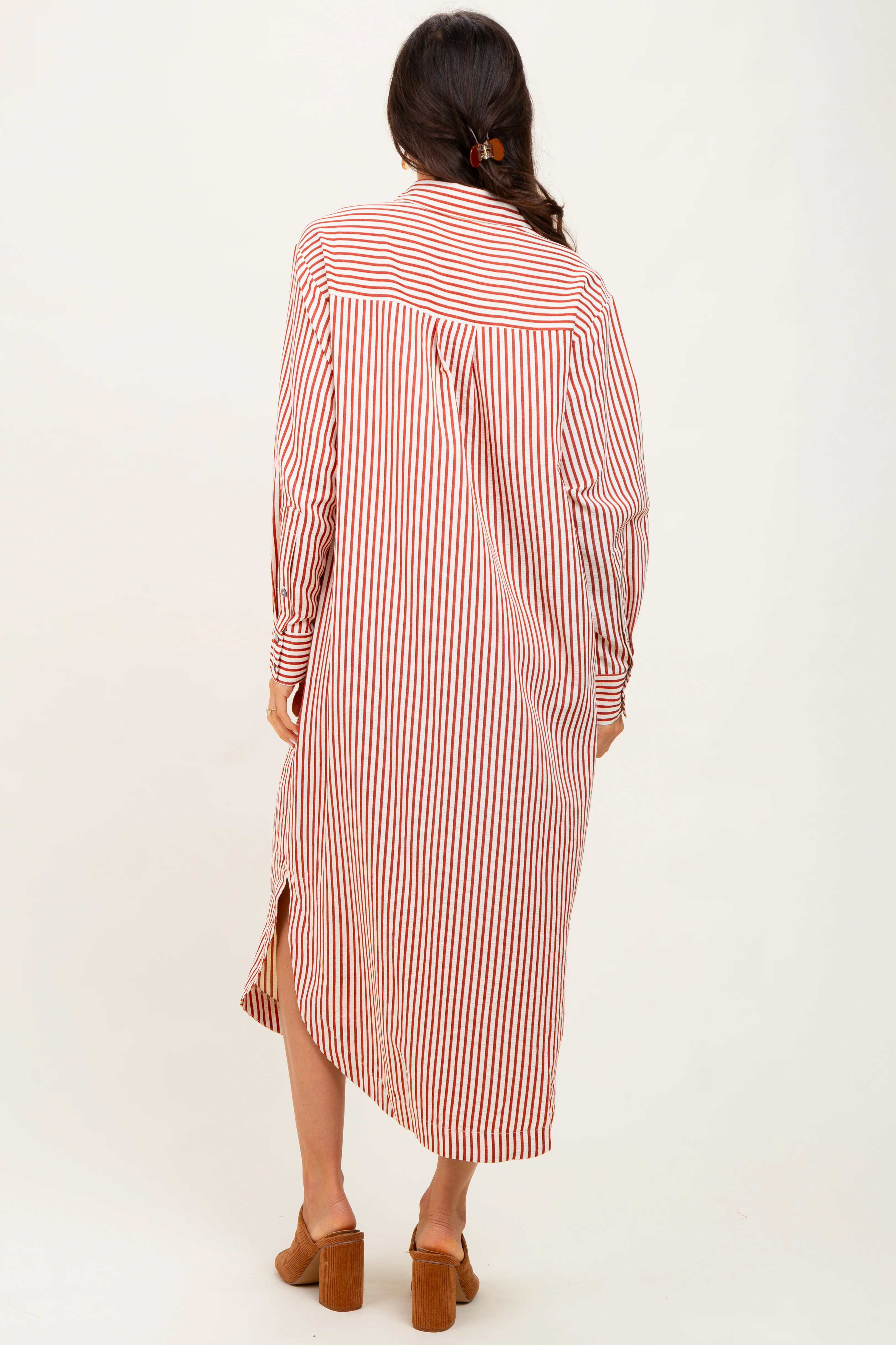 Rust Textured Stripe Button Down Shirt Dress - Image 4