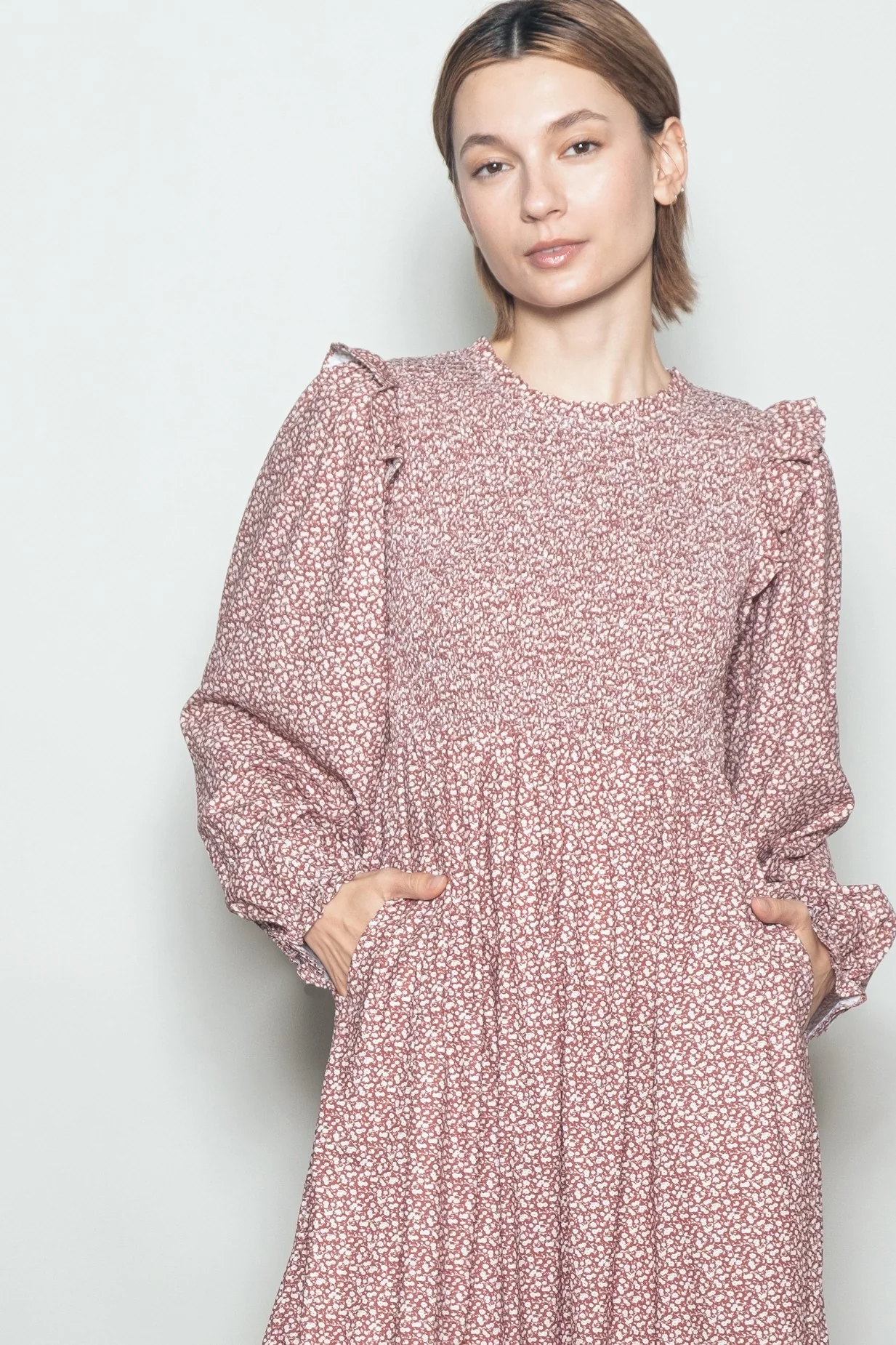Rust Tiny Floral Ruffled Mock Neck Babydoll Midi Dress - Image 5