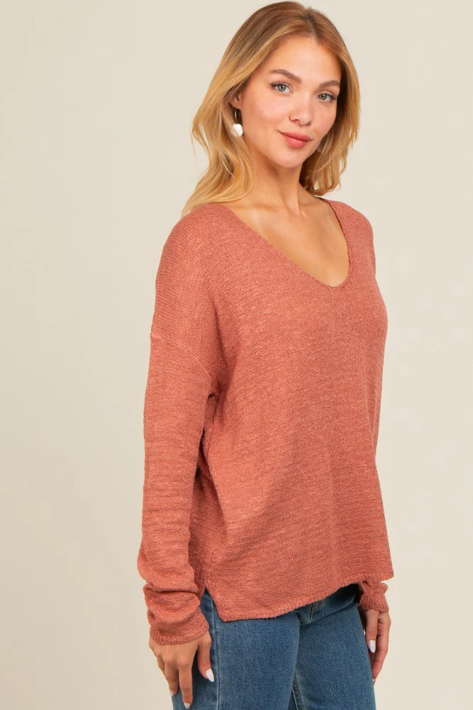 Rust V-Neck Basic Sweater - Image 3