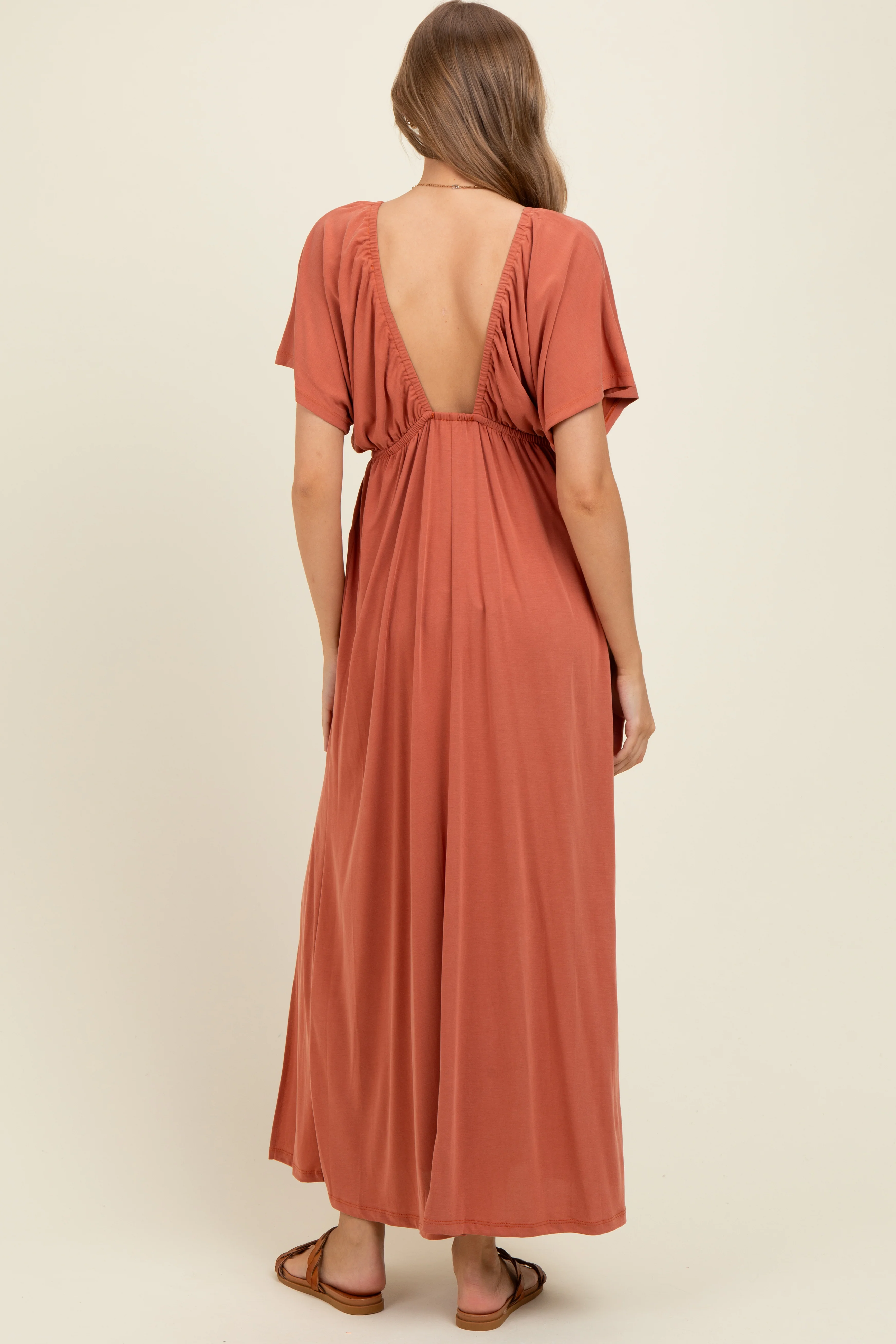 Rust V-Neck Flutter Sleeve Side Slit Maternity Maxi Dress - Image 4