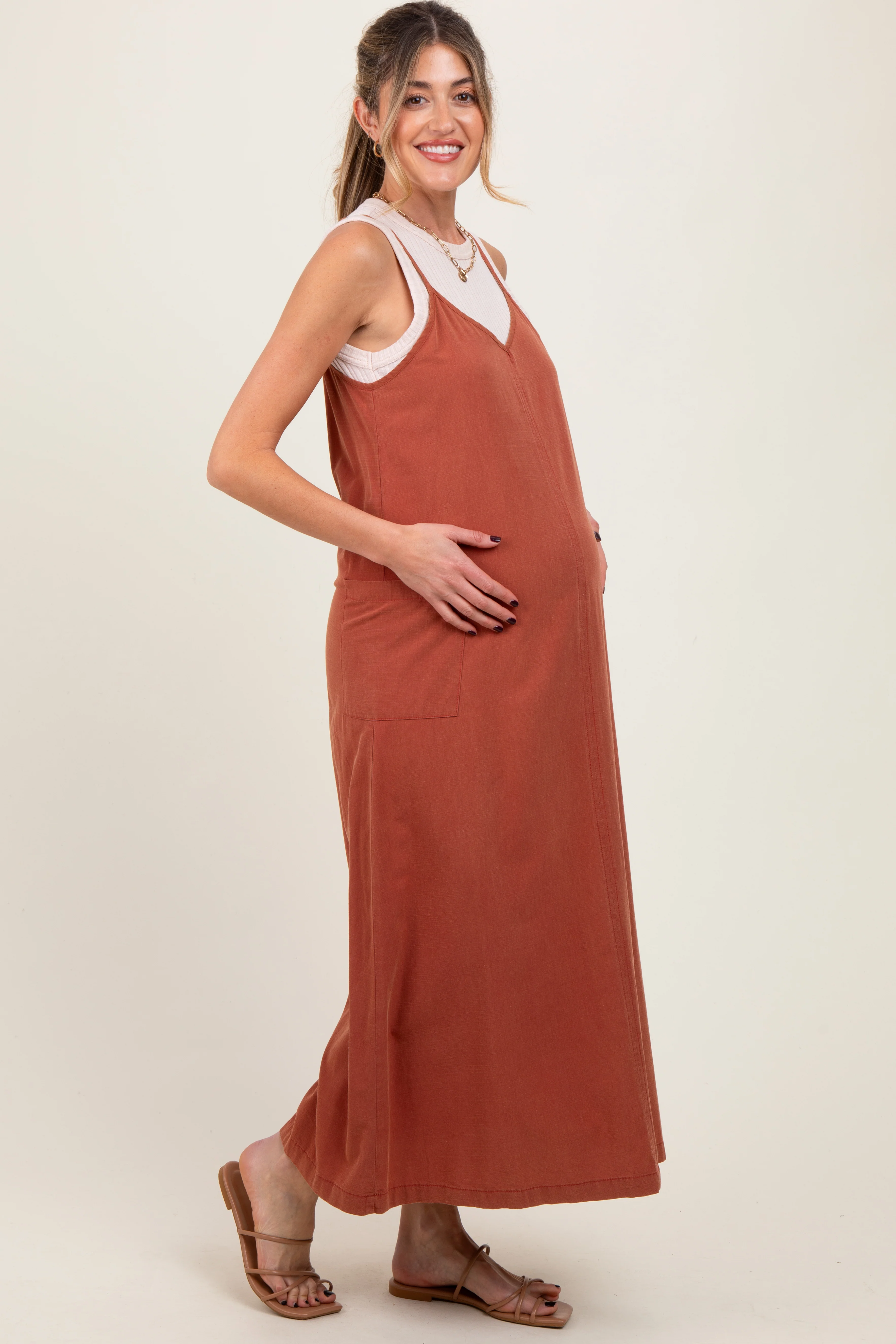 Rust V-Neck Overall Maternity Midi Dress - Image 2