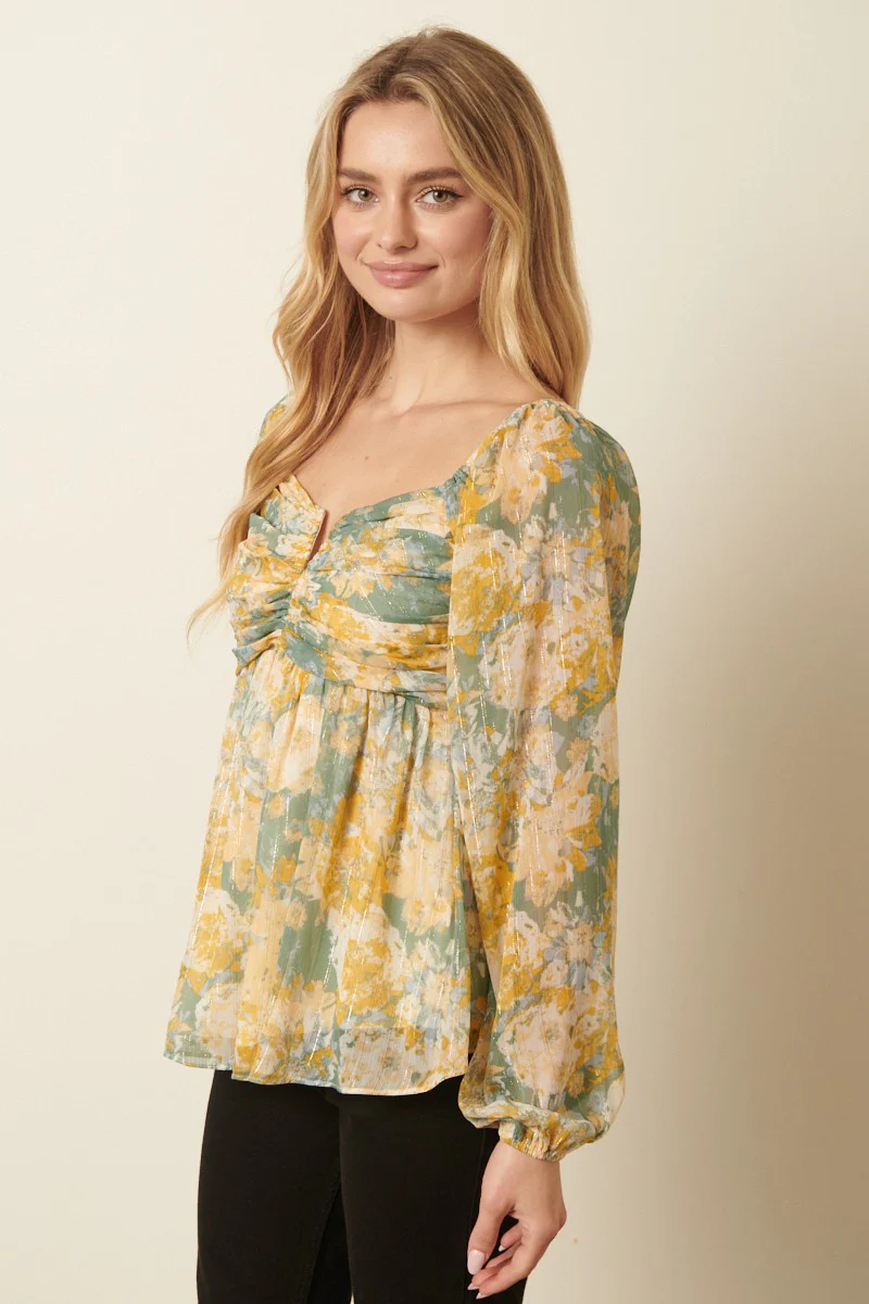 Sage Combo Flower Print Ruching Detail Blouse - Image 2