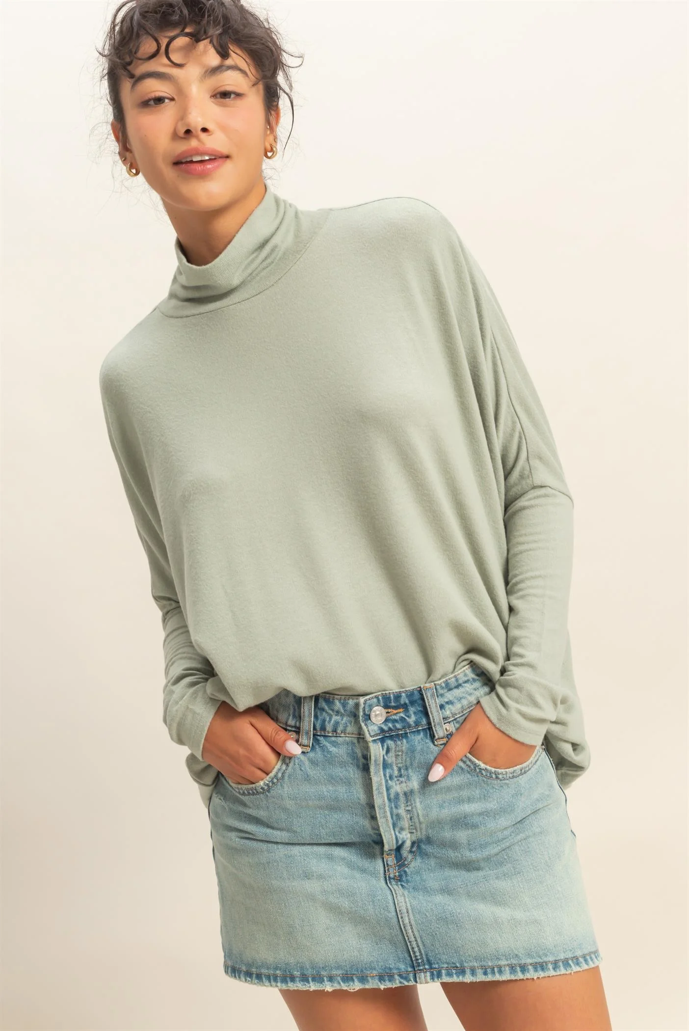 Sage Draped Oversized Turtleneck Dolman Sleeve Maternity Top - Image 5