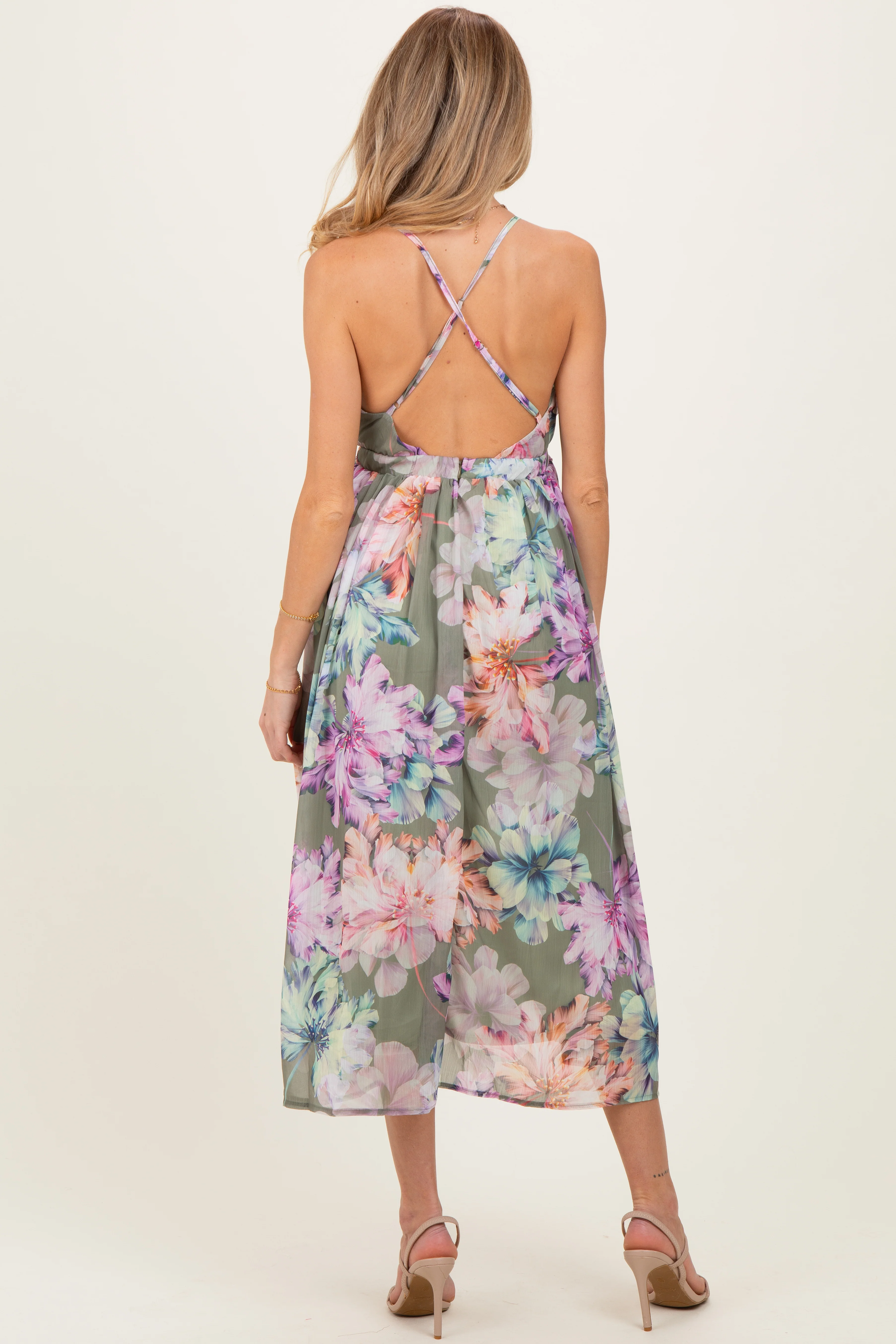 Sage Floral Open Back Maternity Midi Dress - Image 4