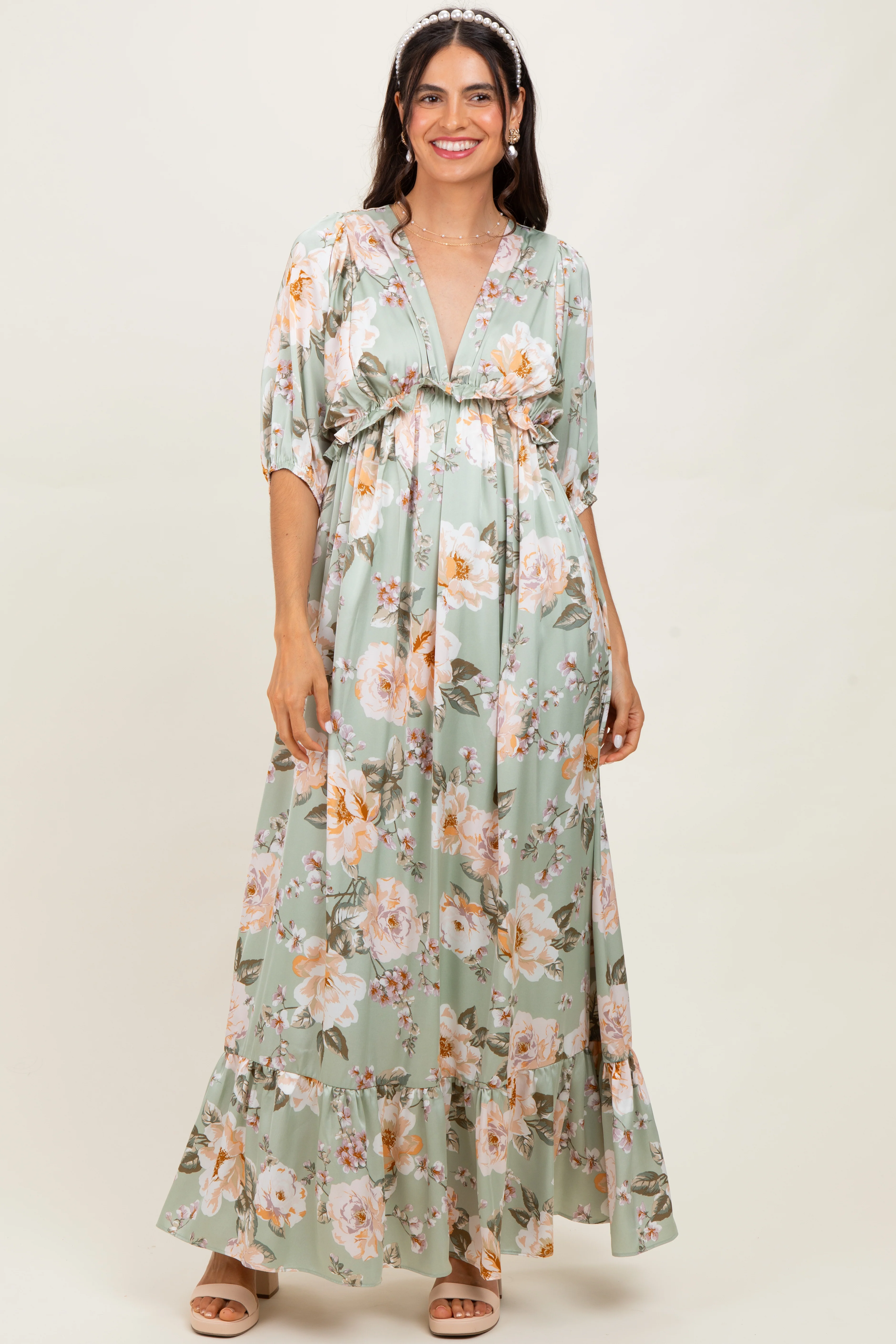 Sage Floral Print Elbow Sleeve V-Neck Tiered Maxi Dress