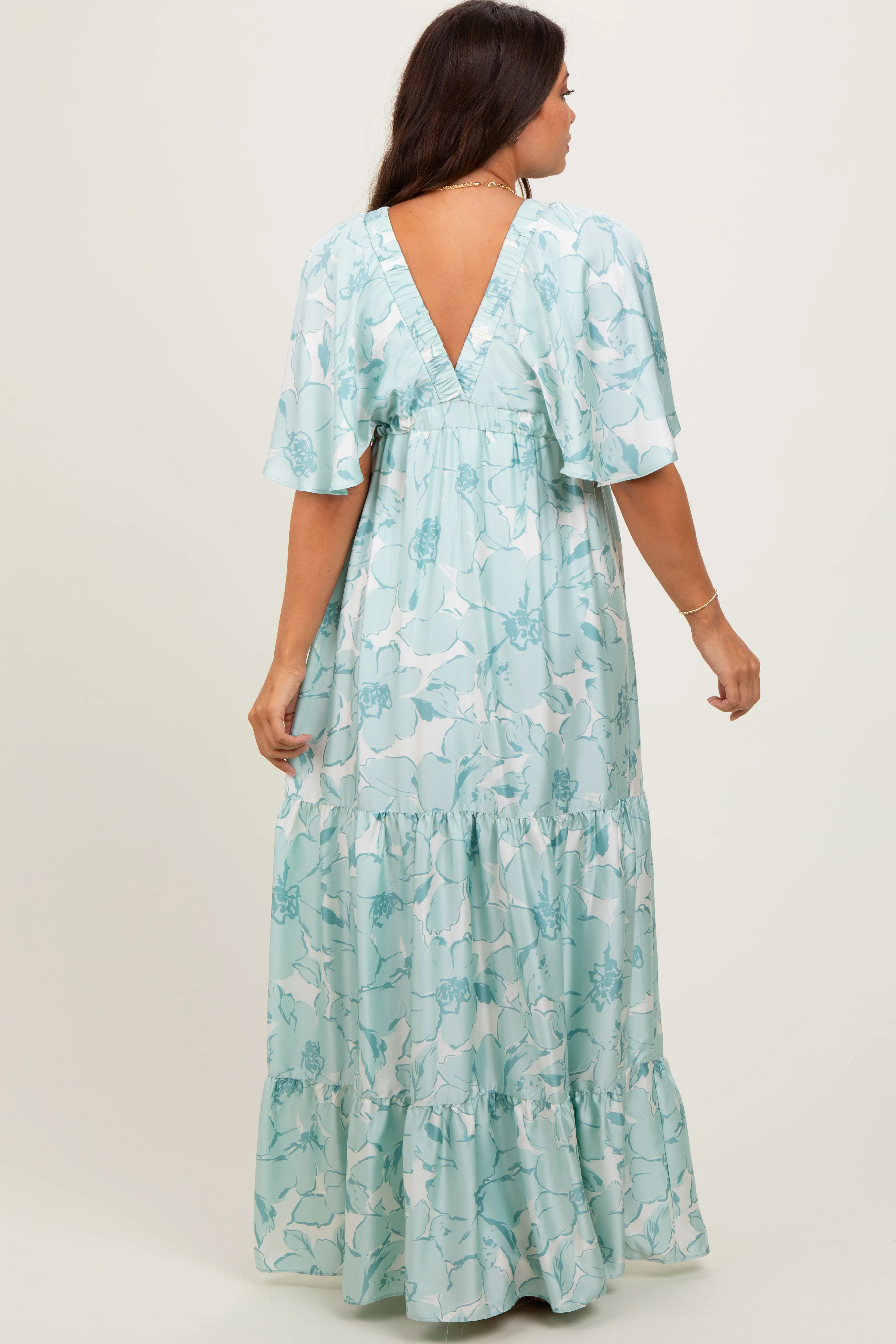 Sage Floral Short Sleeve Deep V-Neck Tiered Maternity Maxi Dress - Image 4