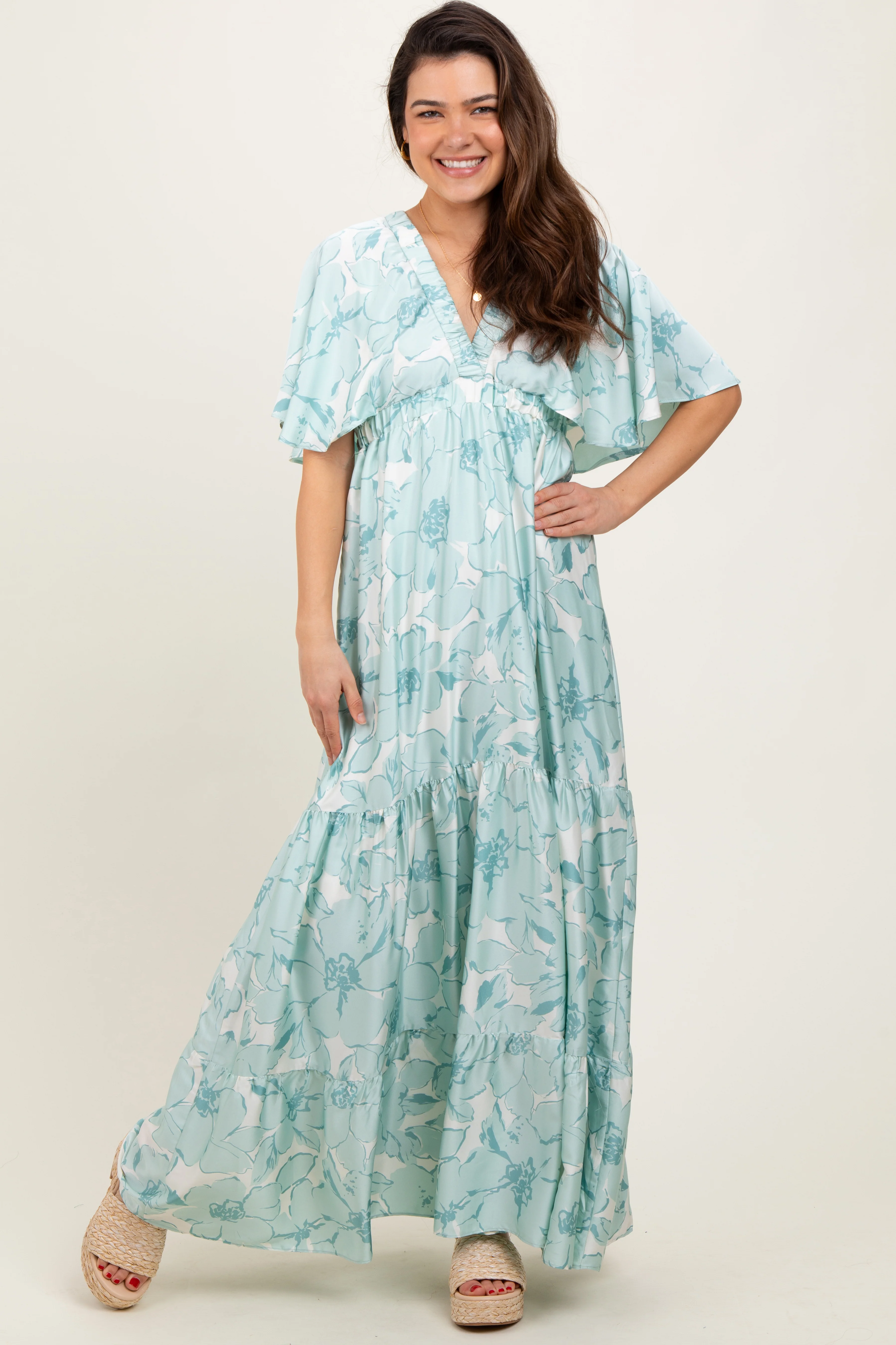 Sage Floral Short Sleeve Deep V-Neck Tiered Maternity Maxi Dress - Image 5