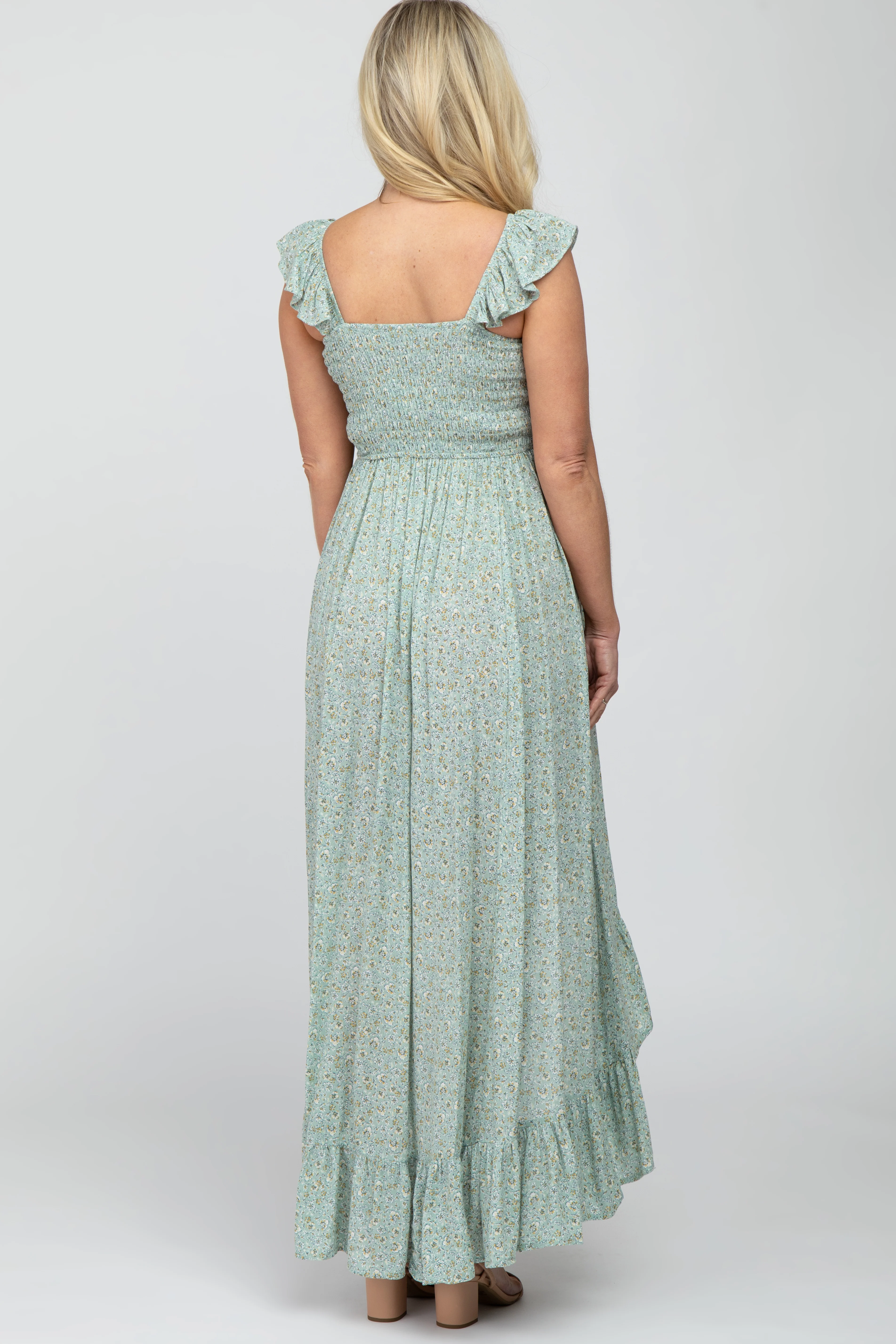 Sage Floral Smocked Hi-Low Maternity Maxi Dress - Image 3