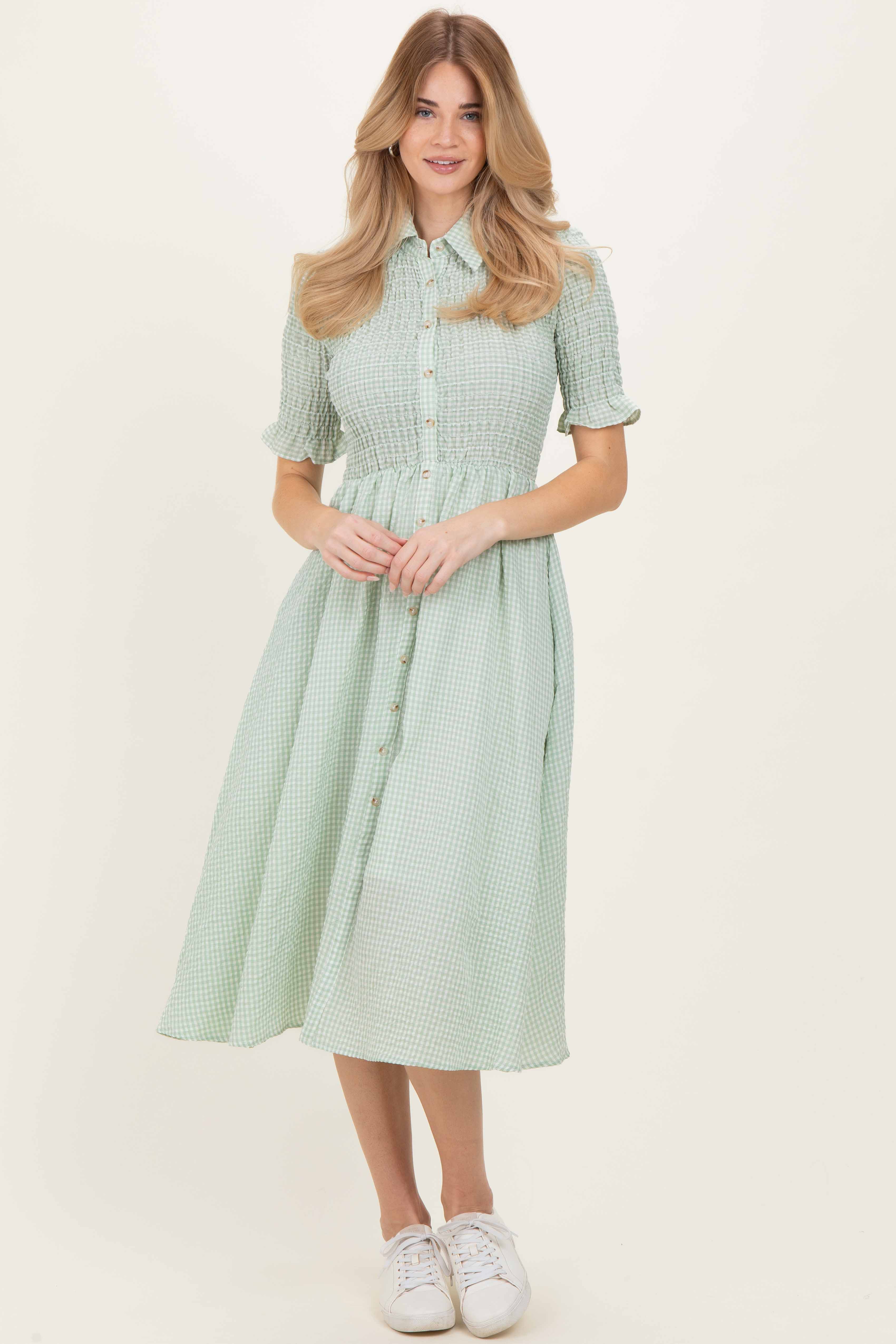 Sage Gingham Smocked Button Down Maternity Midi Dress - Image 3