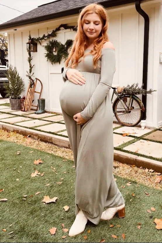 Sage Off Shoulder Long Sleeve Maternity Maxi Dress - Image 5