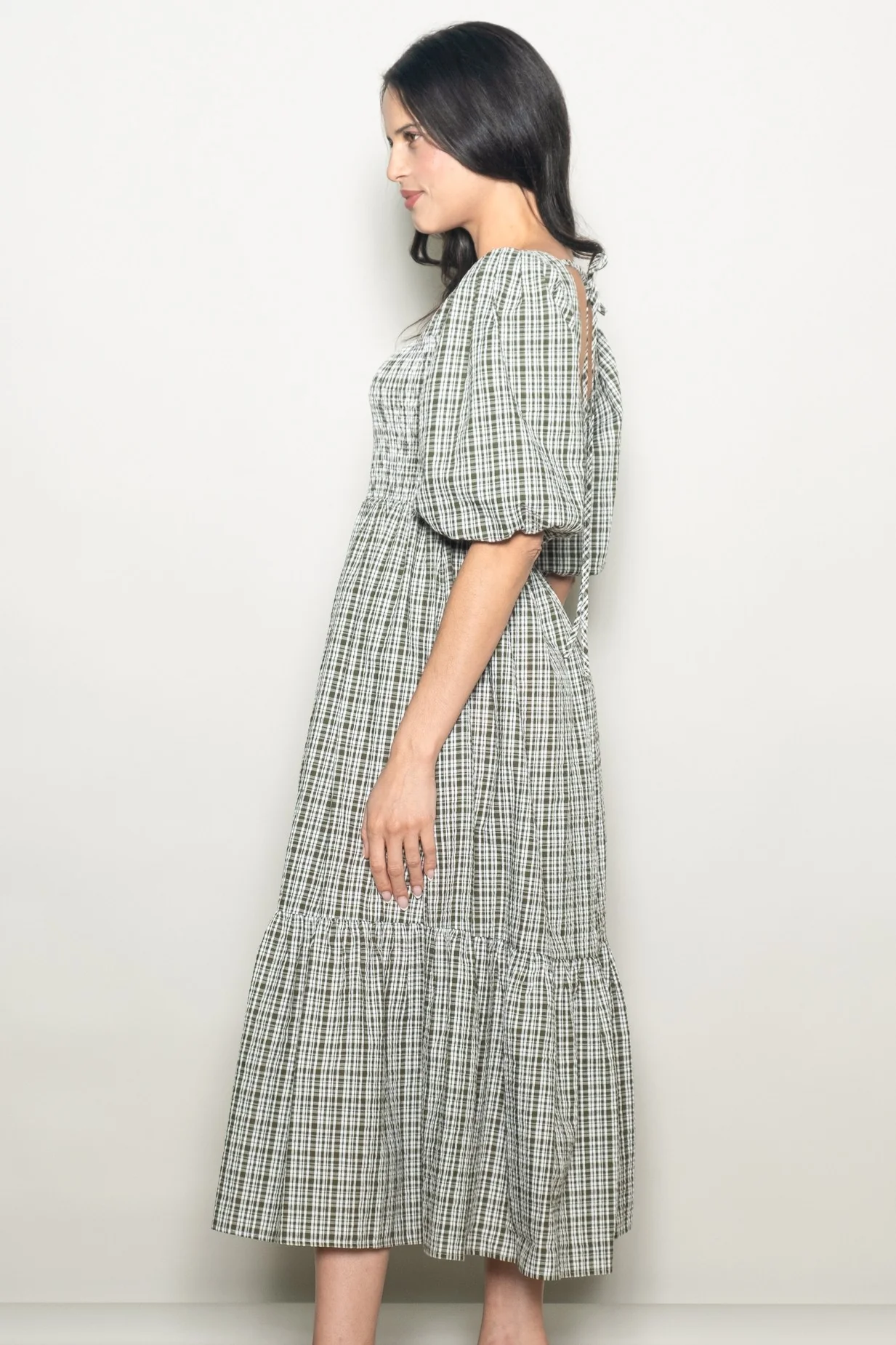 Sage Plaid  Bubble Sleeve Dress - Image 3