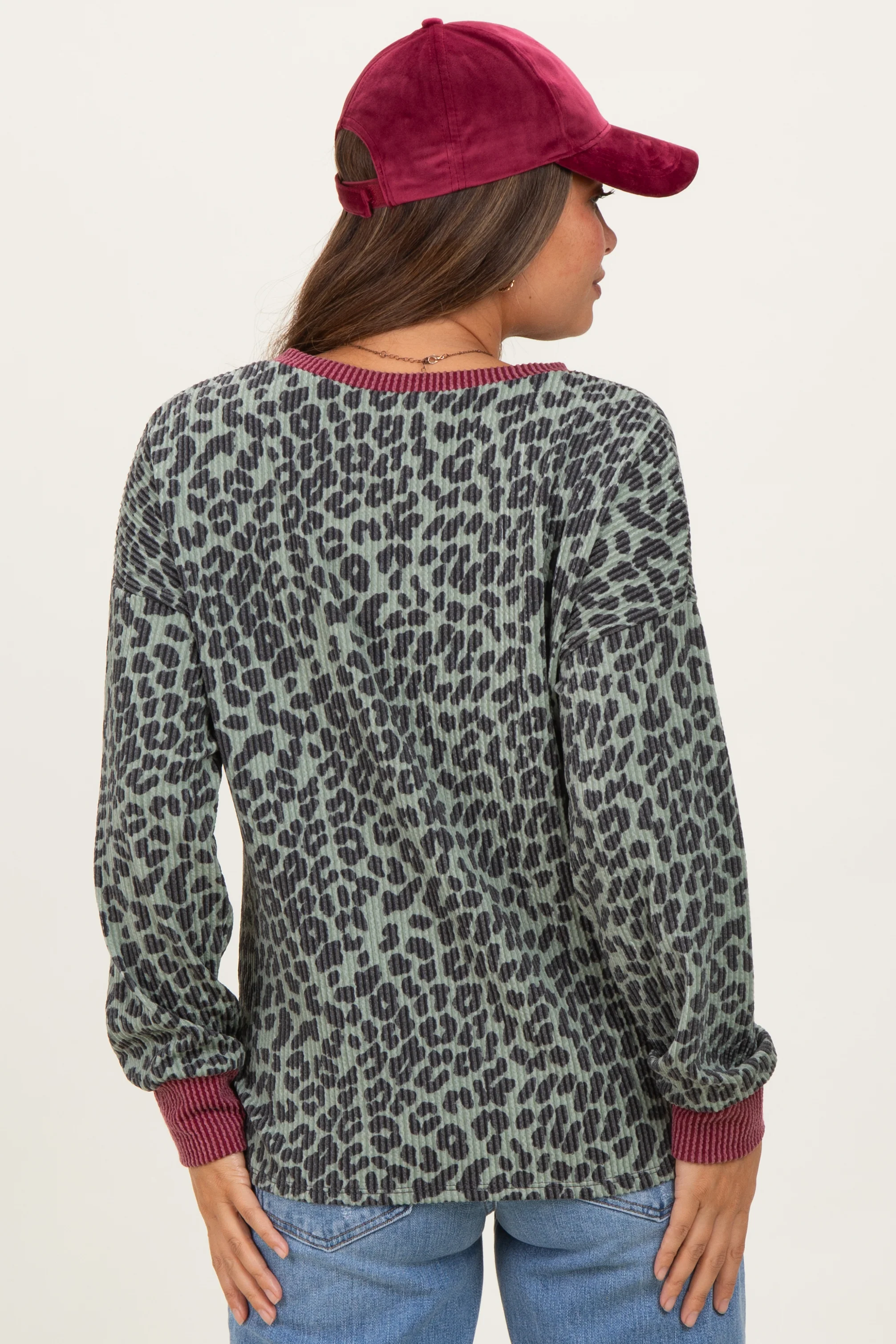 Sage Ribbed Animal Print Contrast Trim Maternity Pullover - Image 4