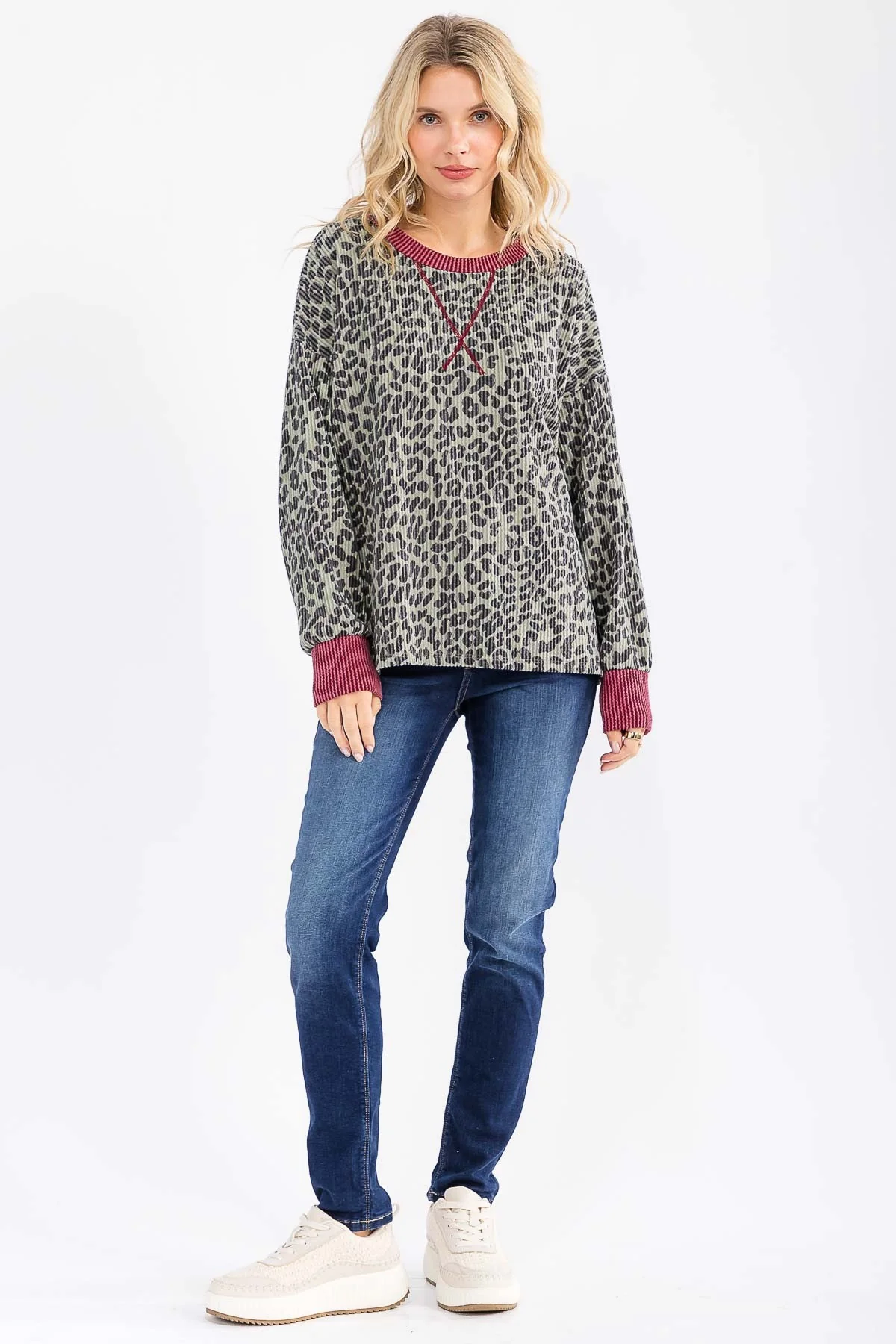 Sage Ribbed Animal Print Contrast Trim Pullover - Image 4
