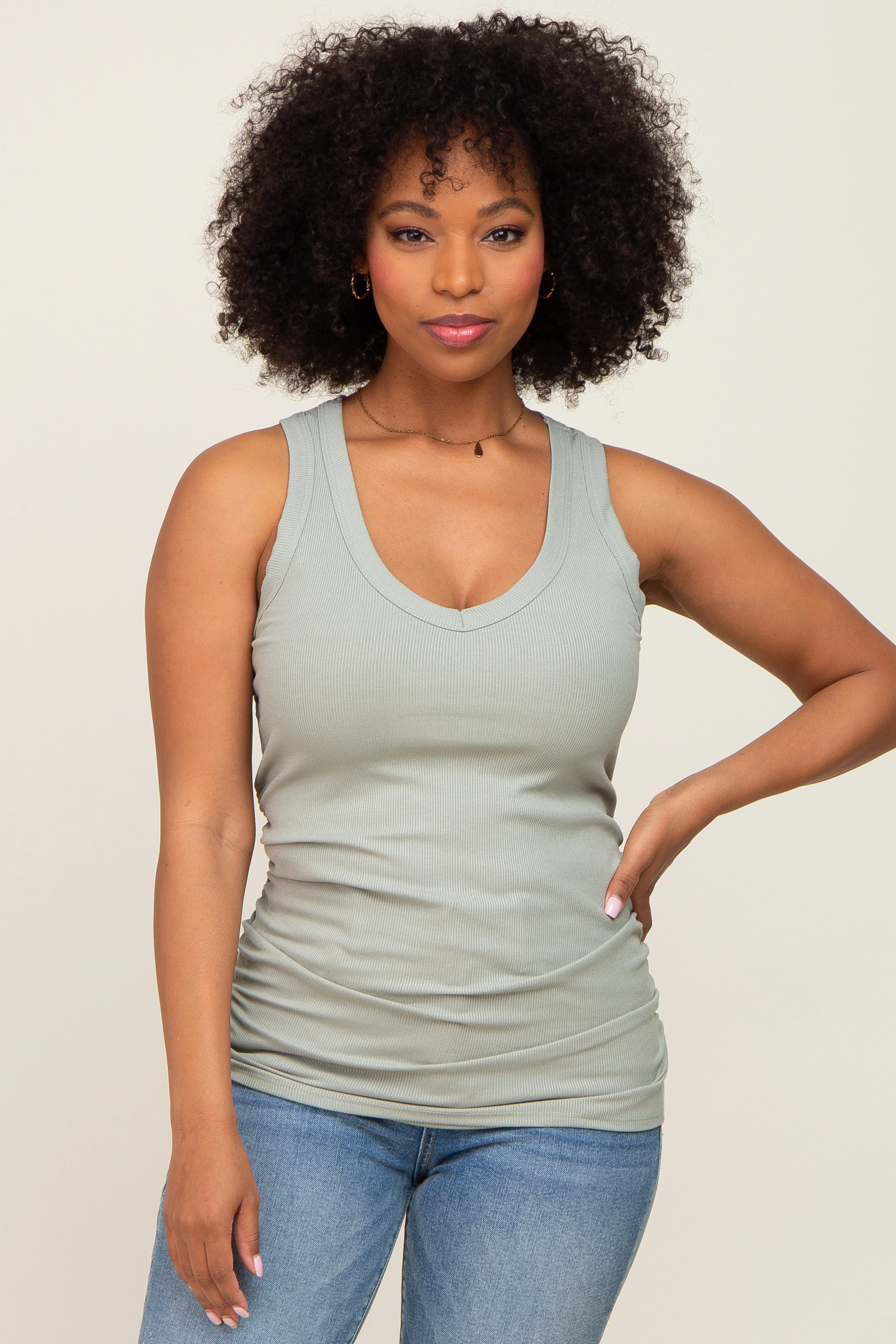 Sage Ribbed Sleeveless Ruched Maternity Tank Top - Image 5