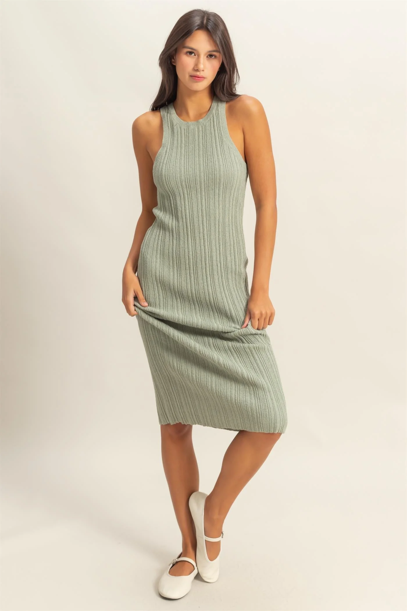 Sage Round Neck Bodycon Ribbed Knit Maternity Midi Dress - Image 3