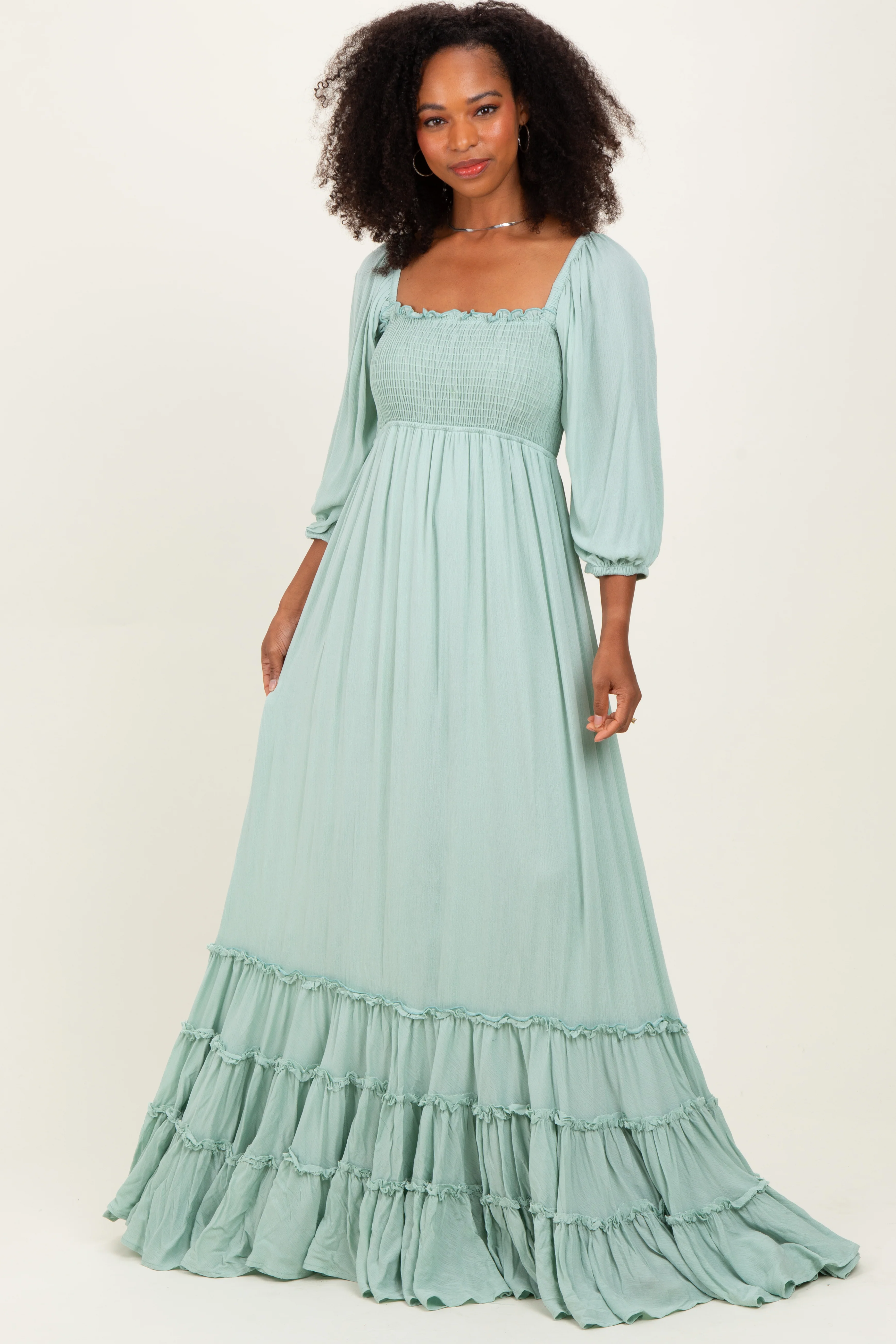 Sage Solid 3/4 Sleeve Smocked Top Tiered Maternity Maxi Dress - Image 4