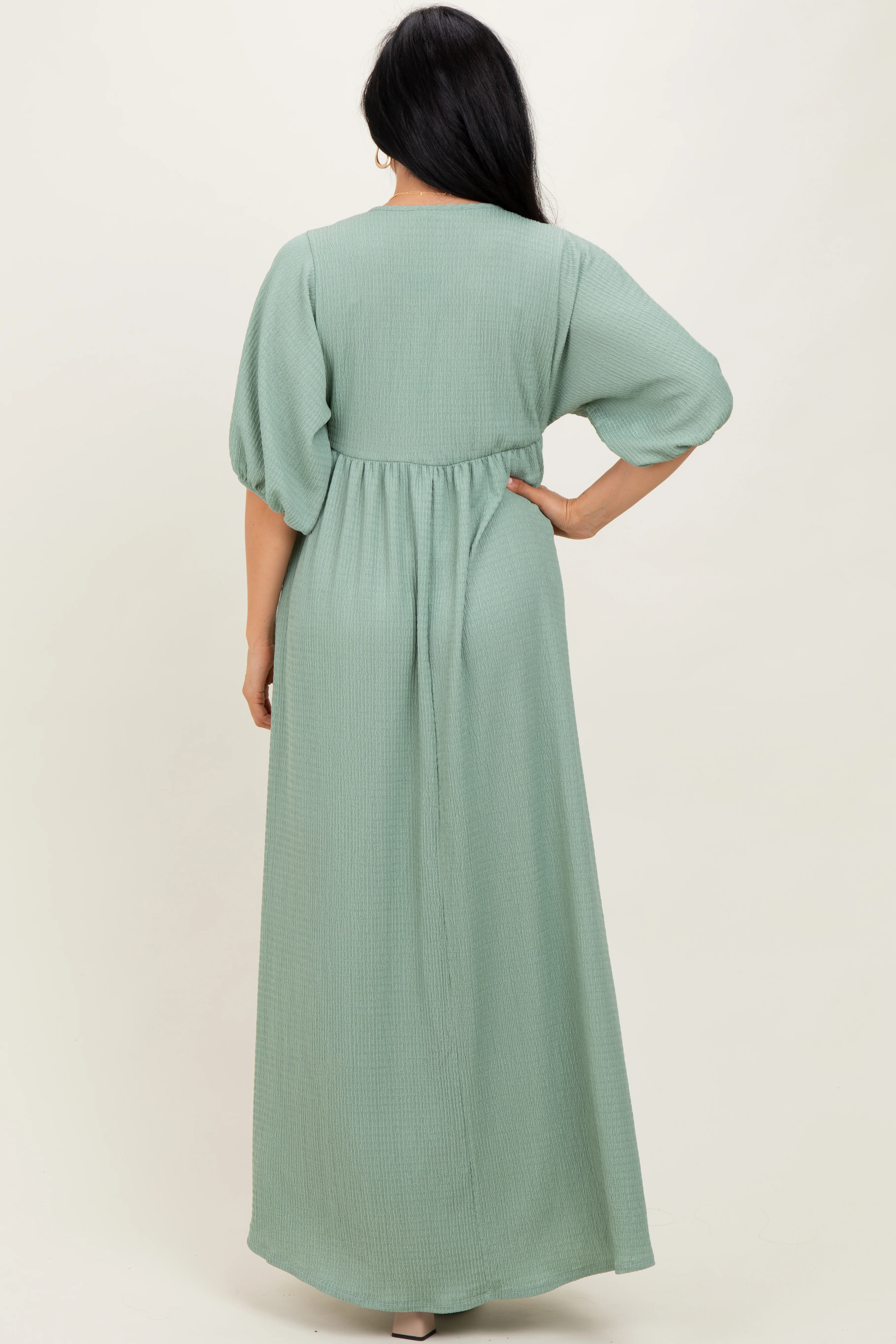 Sage Solid Woven 3/4 Sleeve V-Neck Button Down Maxi Dress - Image 3
