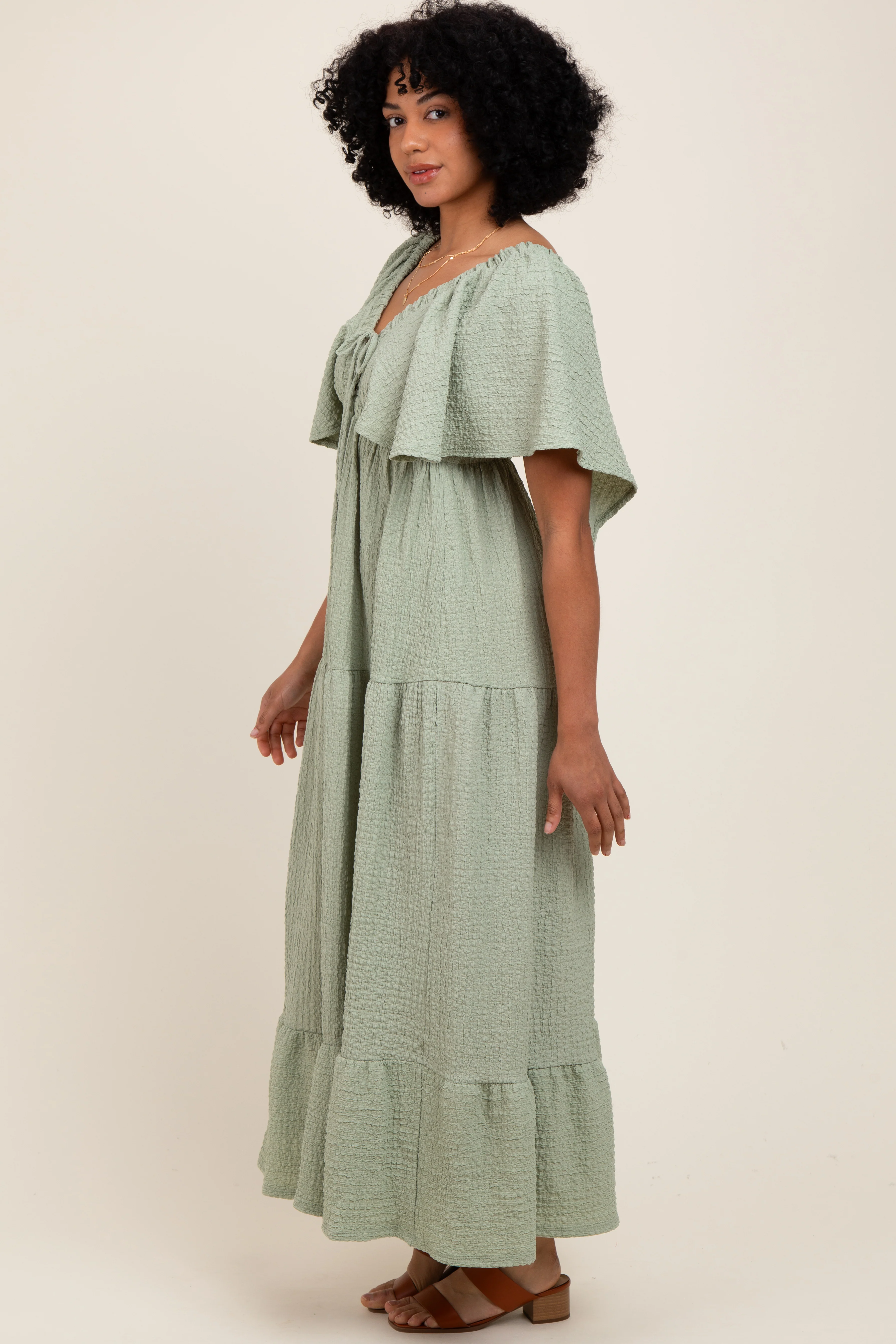 Sage Woven Textured Flutter Sleeve V-Neck Tiered Maxi Dress - Image 3